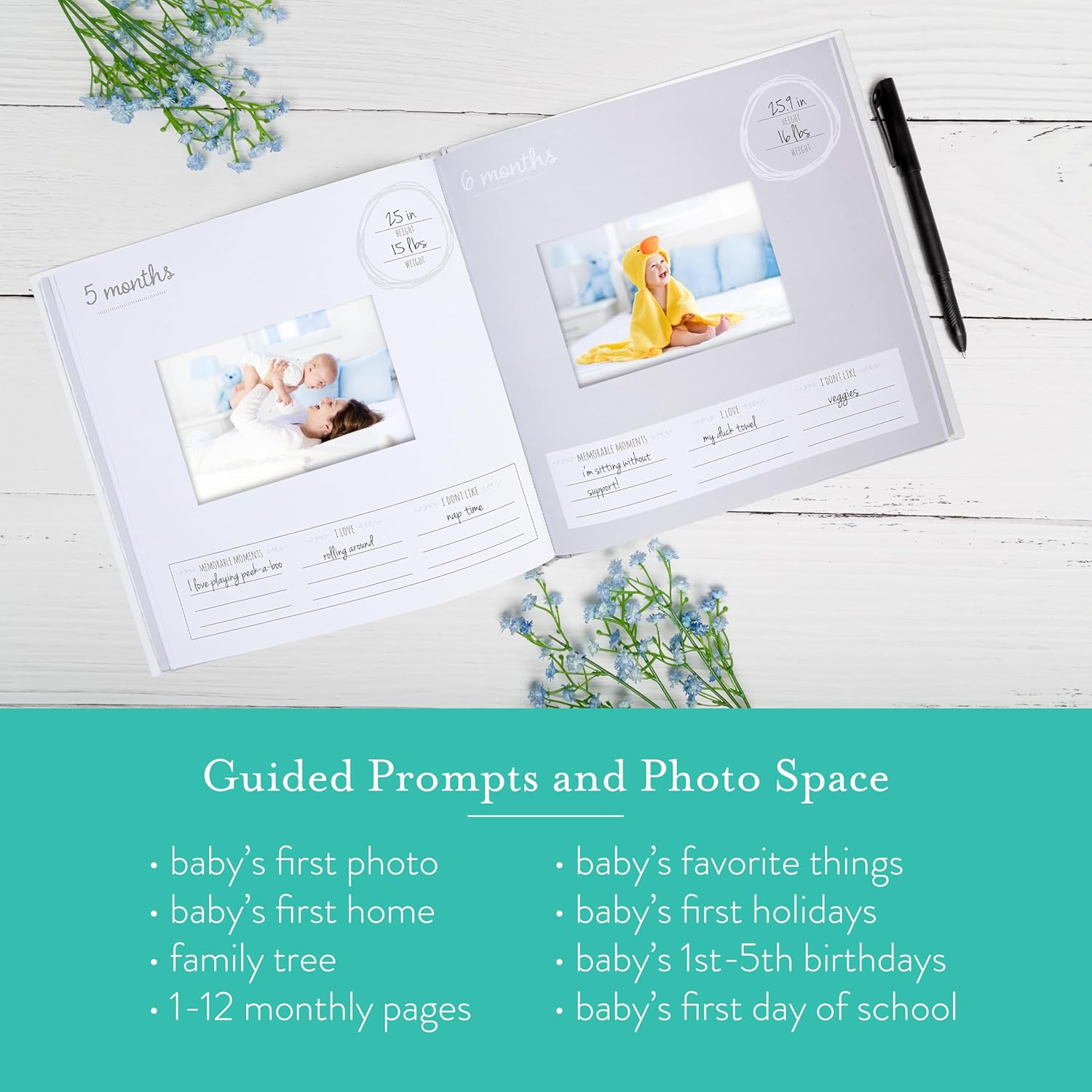 Kate & Milo First Year Memory Journal, Gender-Neutral Keepsake, Milestone Book and Photo Album, Perfect for Baby Showers, New and Expecting Parents, Sky and Elephant