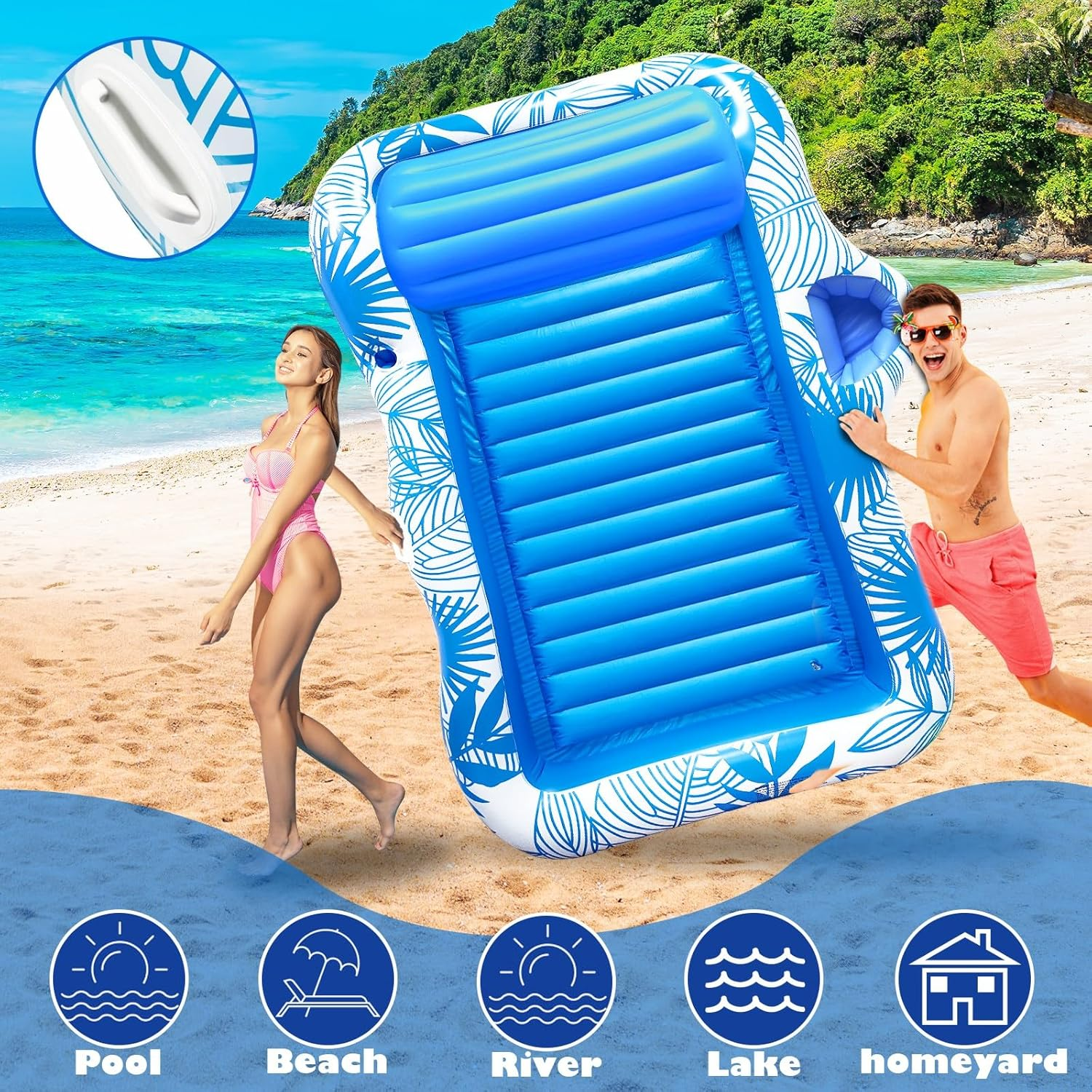 TURNMEON Inflatable Pool Float Sunbathing Lounge Floaties Raft with Cup Holder - Pink image number 1