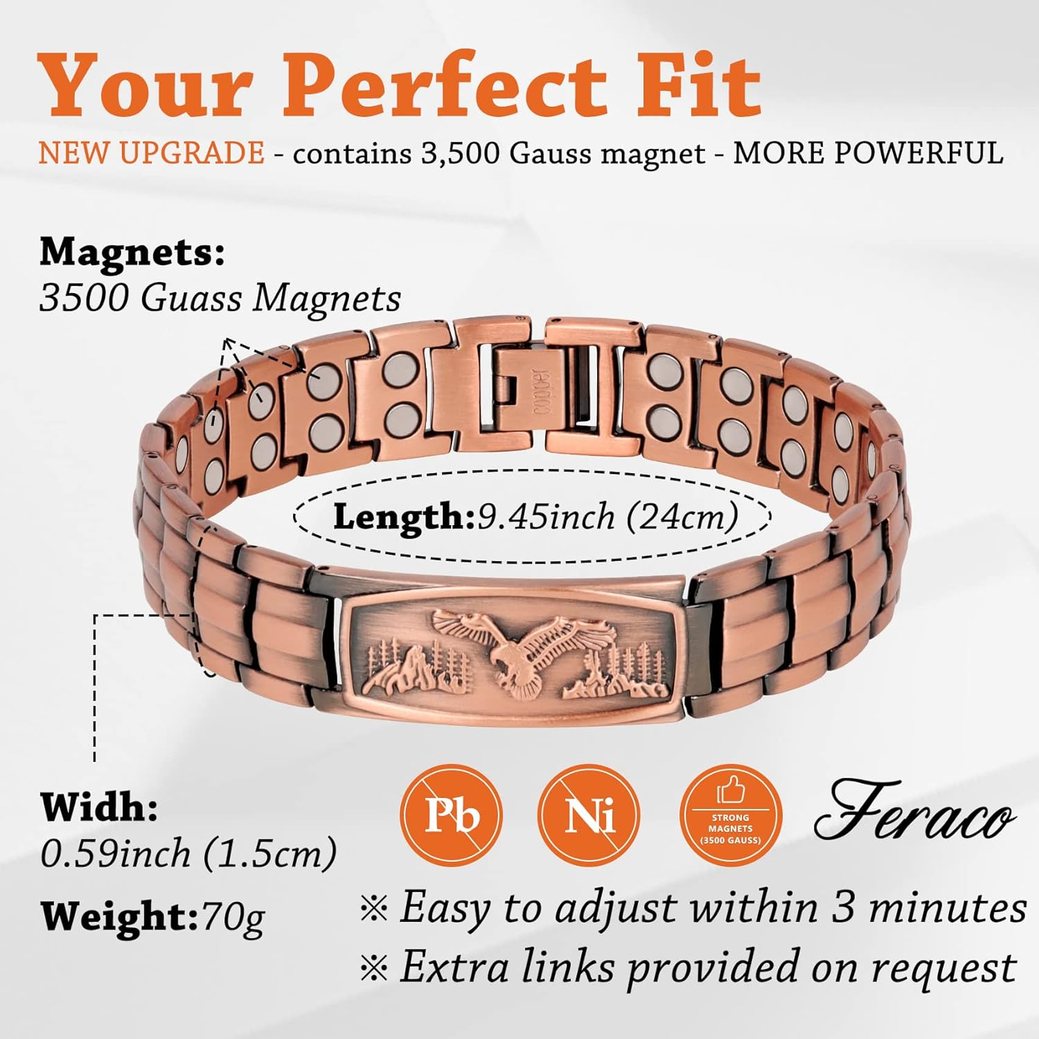 Feraco Lymph Detox Magnetic Bracelet Lymph Drainage Pure Copper Bracelet for Men with Ultra Strength Therapy Magnets for Arthritis Pain & Carpal Tunnel Healing Eagle Pattern Adjustable image number 5