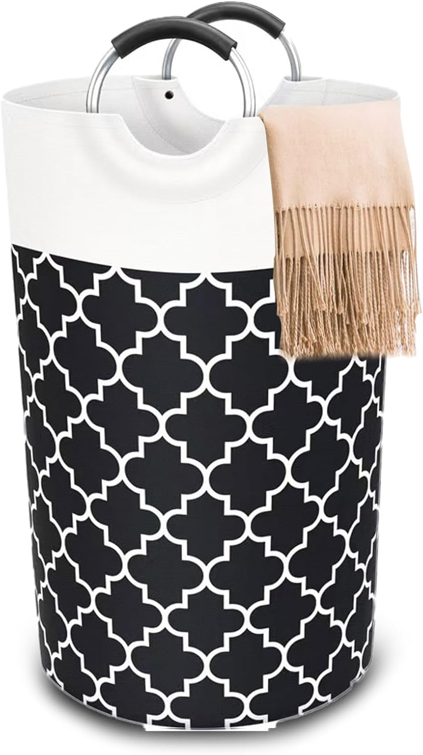 Large Laundry Basket, Collapsible Cotton Linen Hamper with Foam-Protected Aluminum Handles, for Clothes and Toys, Dorm and Home Use (Houndstooth Pattern)