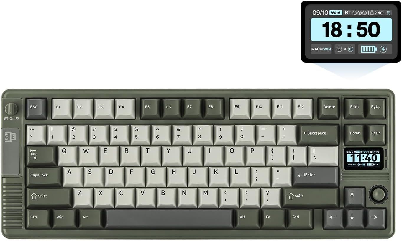 EPOMAKER RT85 Wireless Mechanical Keyboard with Joystick & DIY Screen, 8000Mah, Bt/Usb/2.4Ghz, Hot-Swap, PBT Keycap, Creamy Gasket, 75% Gaming Keyboard, US QWERTY (Army Green, Creamy Jade)