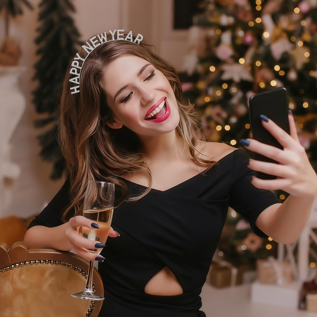 Minkissy Headband New Year'S Eve 2023 Hair Accessories Headband Happy New Year Headband Tiara with Rhinestone New Year Headband Crown Tiara Headpiece Christmas Party Gift Photo Props Silver, Silver - Silber- image number 6