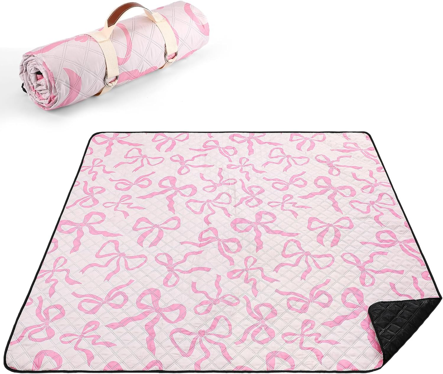 Pink Bow Picnic Blanket 80'' X 80'' Waterproof Extra Large Camping Blanket Coquette Picnic Mat Foldable Portable Preppy Outdoor Beach Mat with Carry Strap for Outdoor Grass Lawn Park image number 2