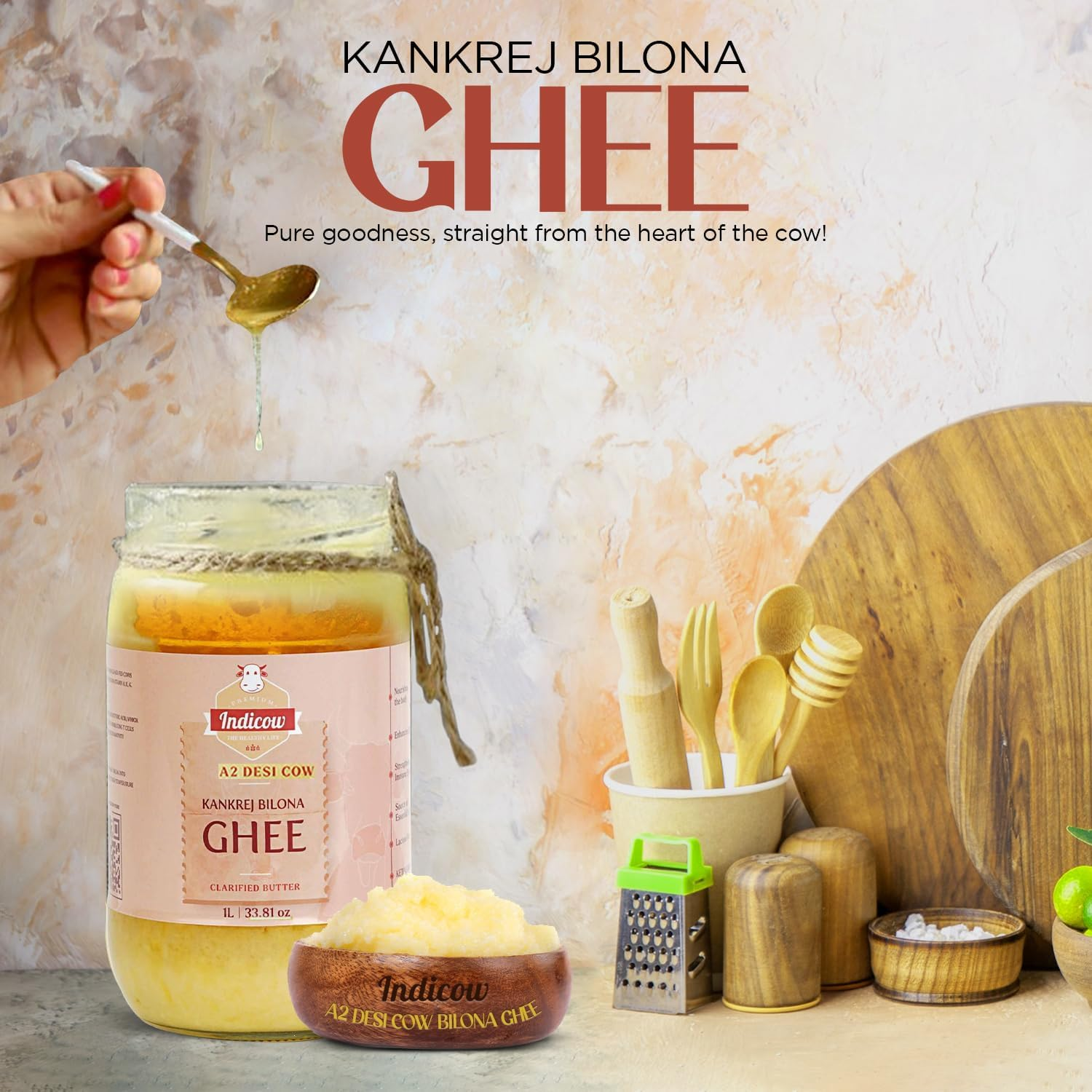 Indicow Farms A2 Cow Ghee/Clarified Butter | Hand Churned, Bilona | Organic Grass Fed Ghee | Keto and Paleo Friendly (A2 Kankrej Cows Bilona, 1000Ml/33.8Oz) image number 1