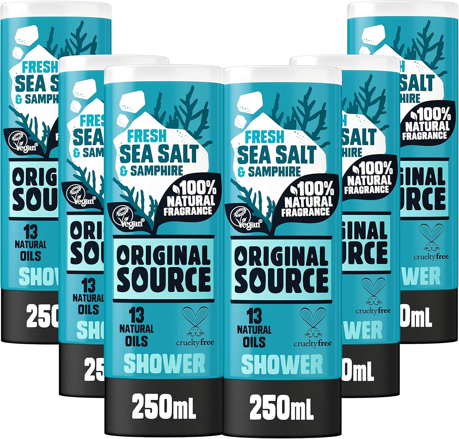 Original Source Sea Salt and Samphire Vegan Shower Gel, 100 Percent Natural Fragrance, Vegan, Cruelty Free, Paraben Free, Bulk Buy, Pack of 6 X 250 Ml