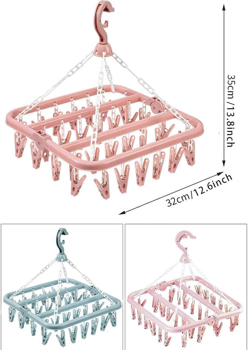 Idopick 2 Pack Clothes Hanger Drying Rack with 32 Clips, Plastic Clothes Drying Hanger and Drip Foldable Hanging Rack Windproof Pegs Hook for Drying/Socks/Underwear/Clothes/Towels (Pink) image number 2