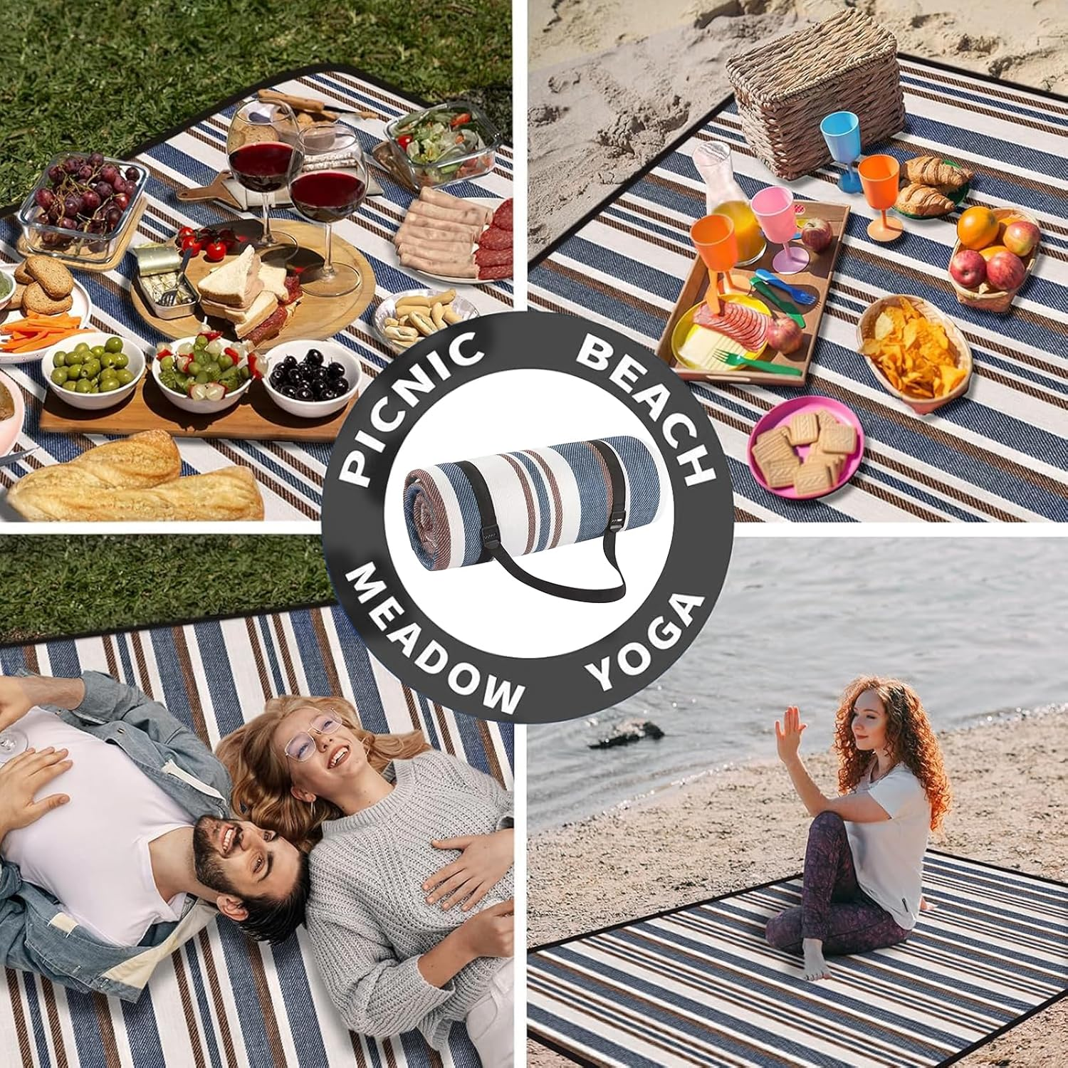 Zalizr Extra Large Waterproof Picnic Blanket, 200 X 200 CM, Foldable 3-Layer Outdoor Mat for 6-8 Adults, Portable Picnic Mat with Carry Strap for Camping, Beach, Park, Grass & Indoor Use image number 1