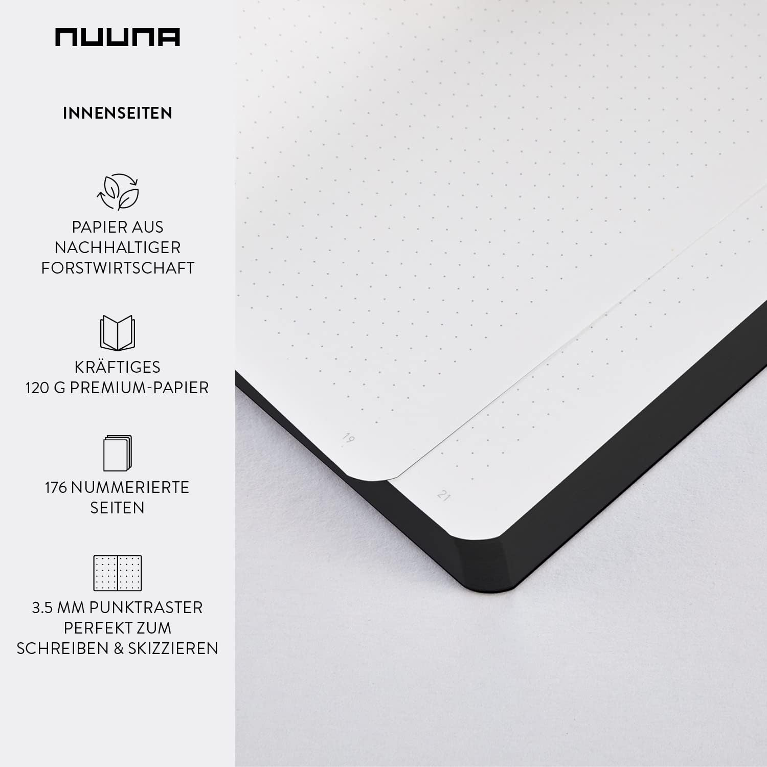 Nuuna Notebook A5 Graphic M - Jim 3.5 Mm Dot Grid 176 Numbered Pages 120 G Premium Paper Black Leather Sustainably Produced in Germany image number 3