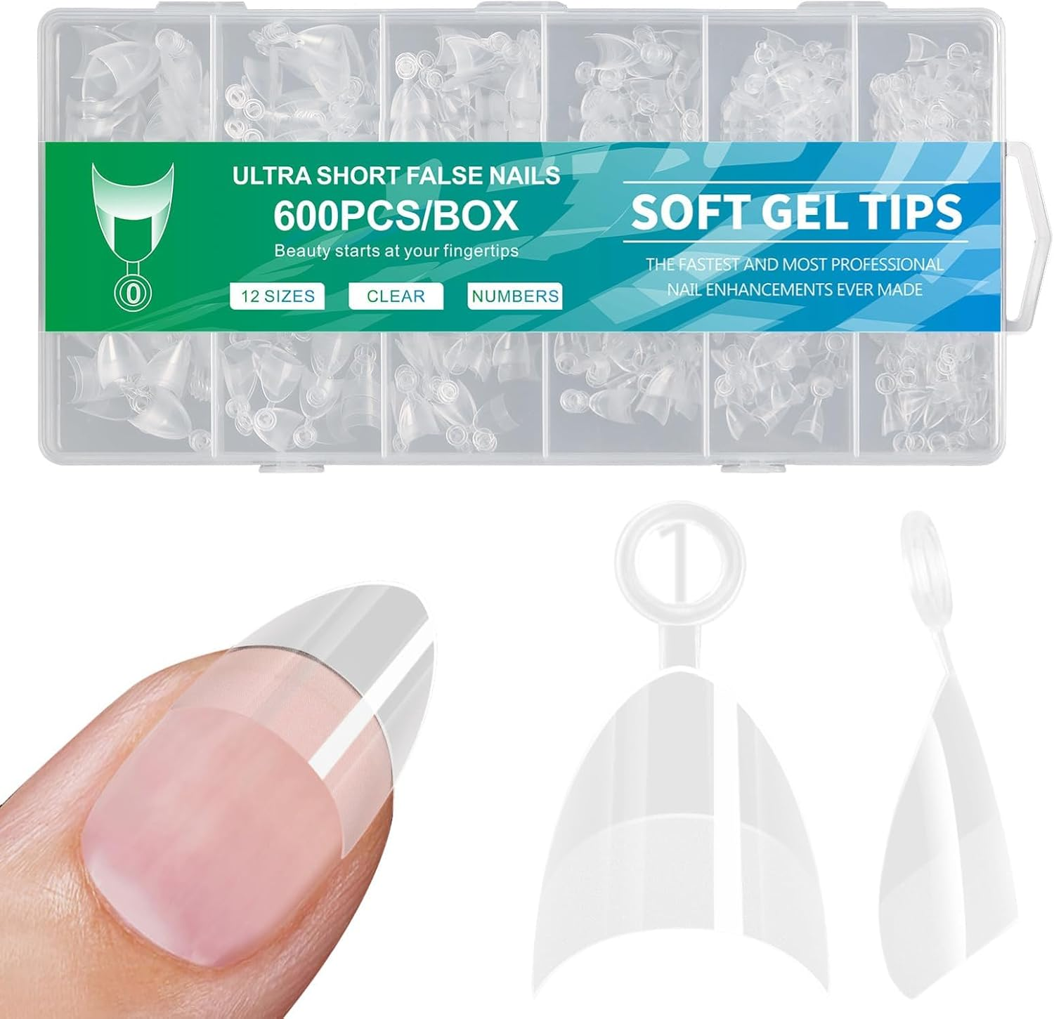 AYAITEE 600Pcs Short Almond Nail Tips, Half Cover Clear Fake Nails, 12 Sizes Pre-Shaped Soft Gel Artificial Nail Extensions for Home DIY & Salon Use image number 5