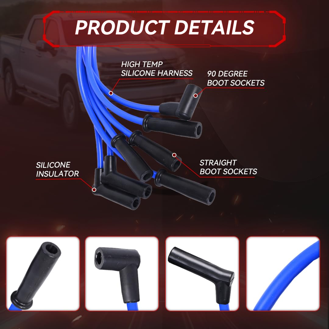RLP Silicone Spark Plug Wires Set Blue 8.0Mm Compatible with Jeep 91-99 Cherokee 91-92 Comanche 93-98 Grand Cherokee 91-99 Wrangler L6 4.0L Replace 56041856AA - Pack of 7 - Red image number 2