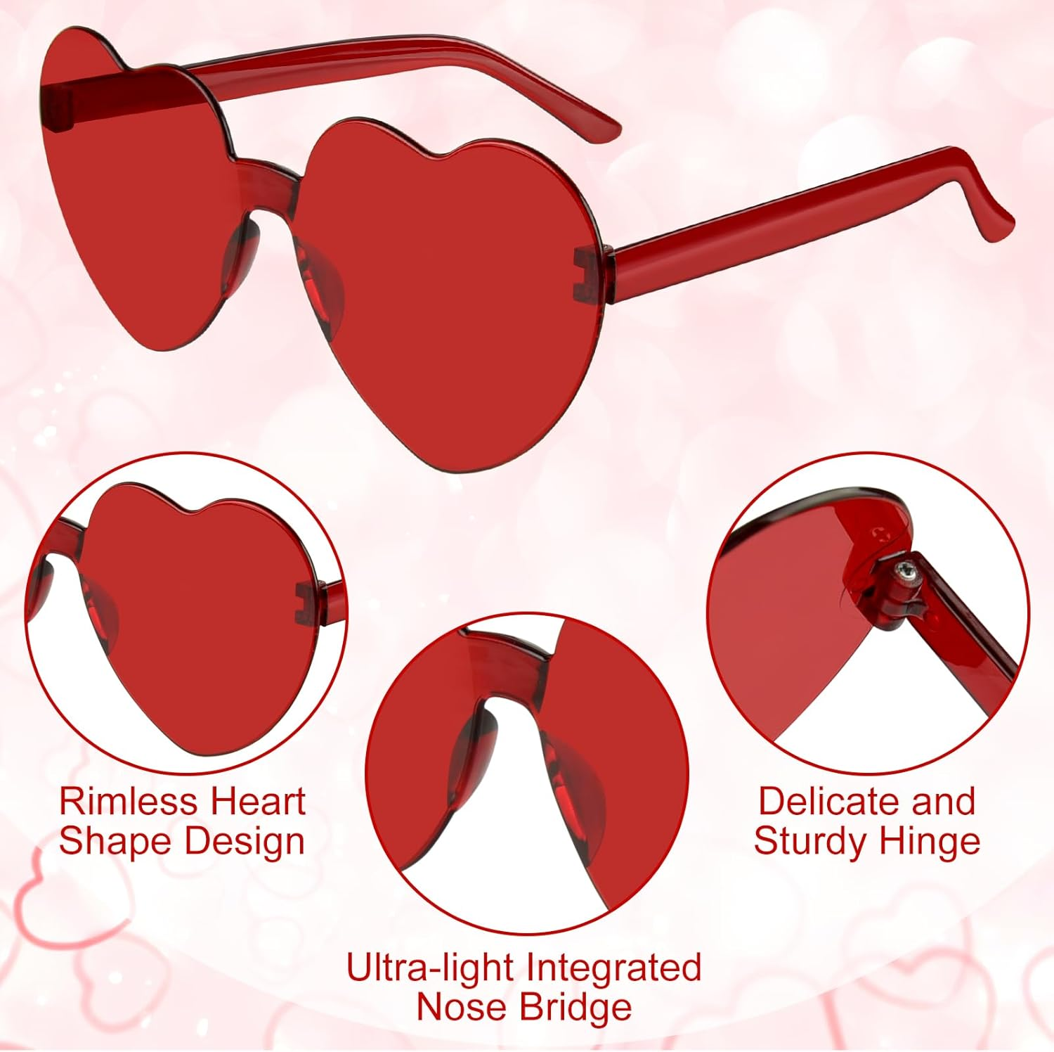 BOUBONI 14 Pack Heart Shaped Sunglasses for Women Rimless Heart Glasses Bulk Mardi Gras Candy Color Sunglasses for Party