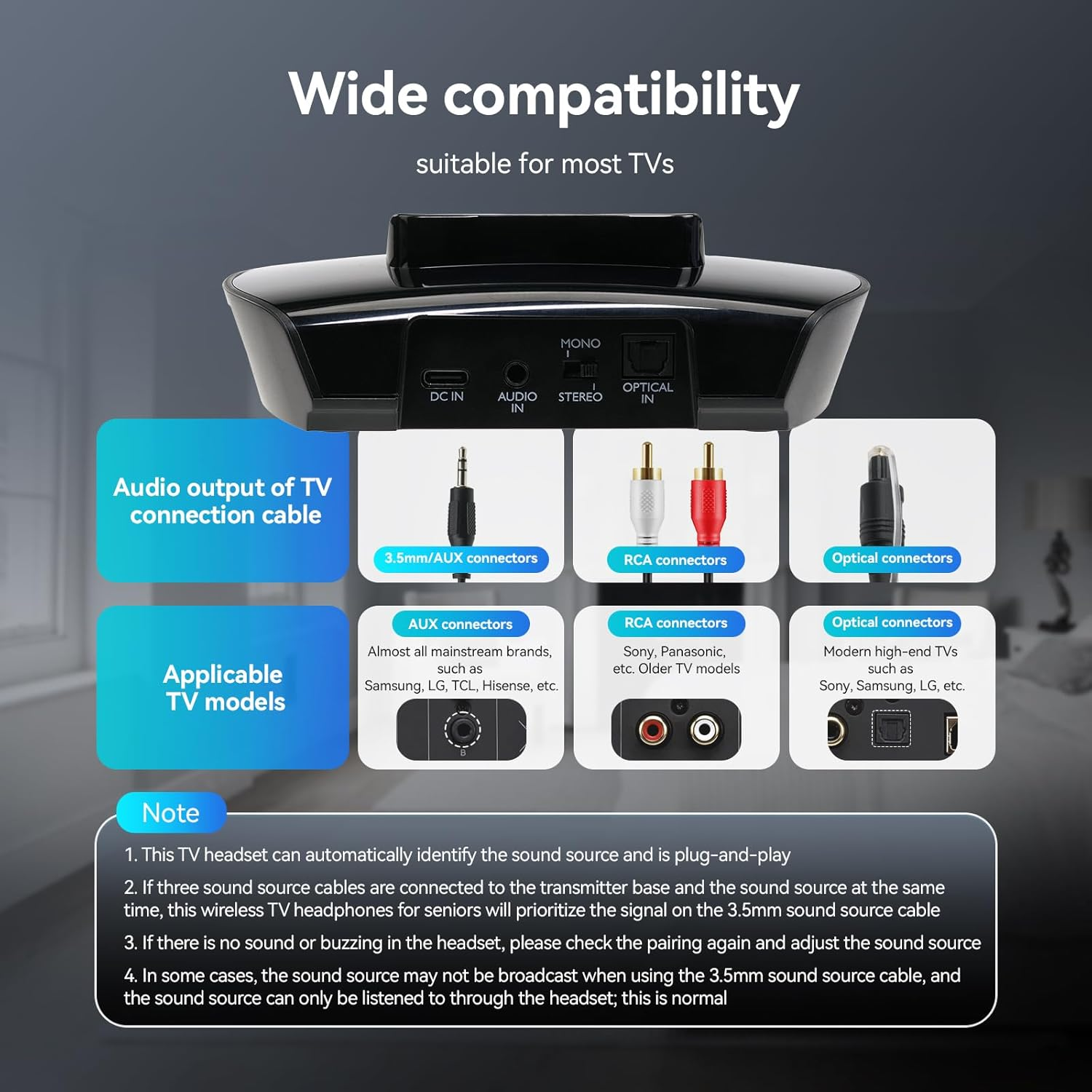 Retekess TA008 Wireless Headphones for TV, Digital Headset System, TV Ears with Sound Amplifier,For Hard of Hearing Seniors,Two Battery for Long Time TV Watching,100Ft Long Range, Support Most Tvs image number 3