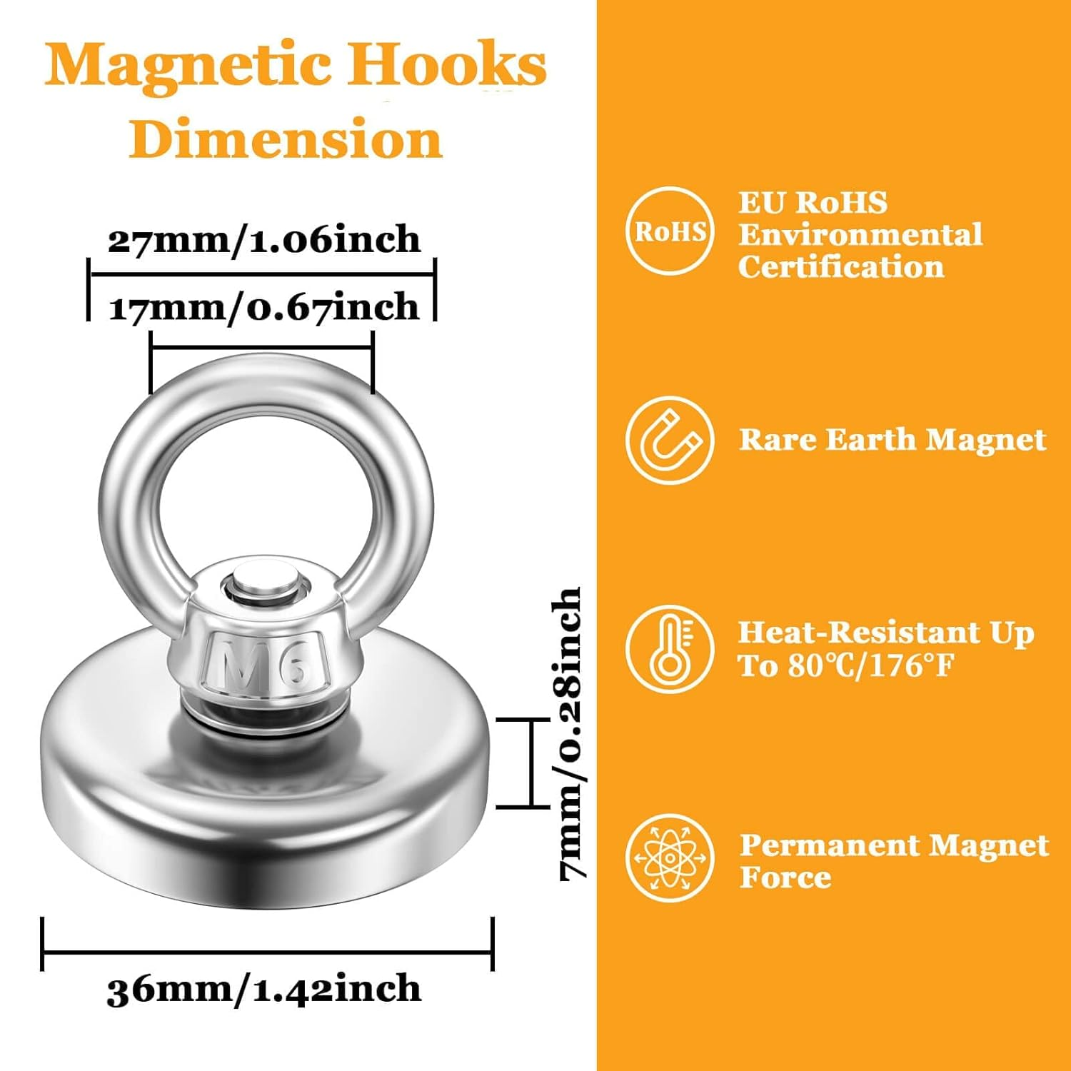 MIN CI Neodymium Magnets 120Lb Heavy Duty Pulling Force Rare Earth Magnets Super Strong Magnet with Countersunk Hole Eyebolt for Magnetic Fishing Salvage Underwater Retrieval 1.42 Inch image number 6