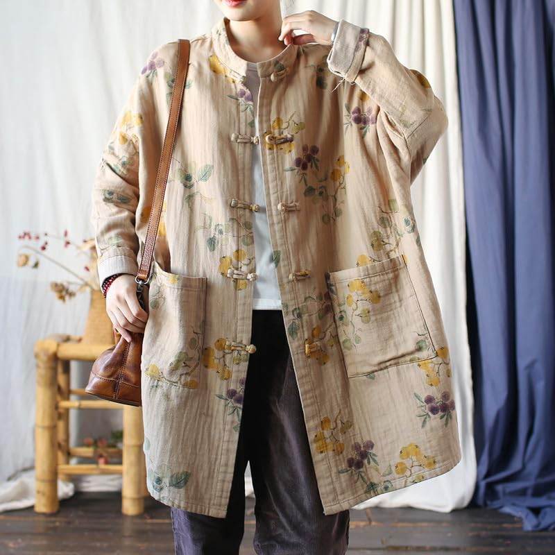 Vintage Ethnic Style Stand-Collar Frog-Button Long-Sleeve Womens Linen Blend Outer Top Beige image number 4