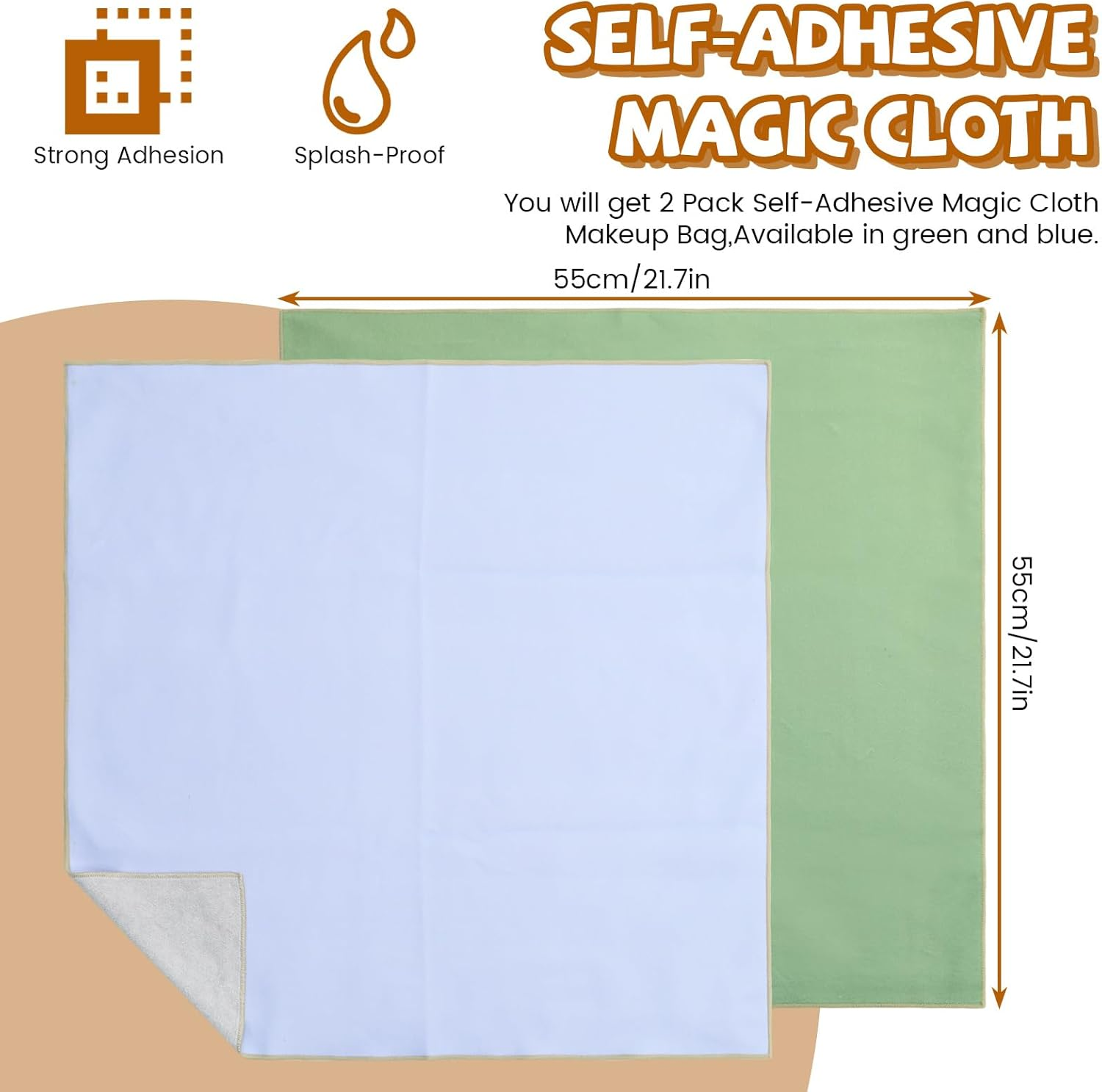 Diakey 2 Pieces Magic Fabric Self Adhesive Makeup Bag 55X55Cm Scratch Resistant Lens Camera Packaging Cosmetic Bag Organizer Open Flat for Travel Toiletry, Green + Blue image number 4