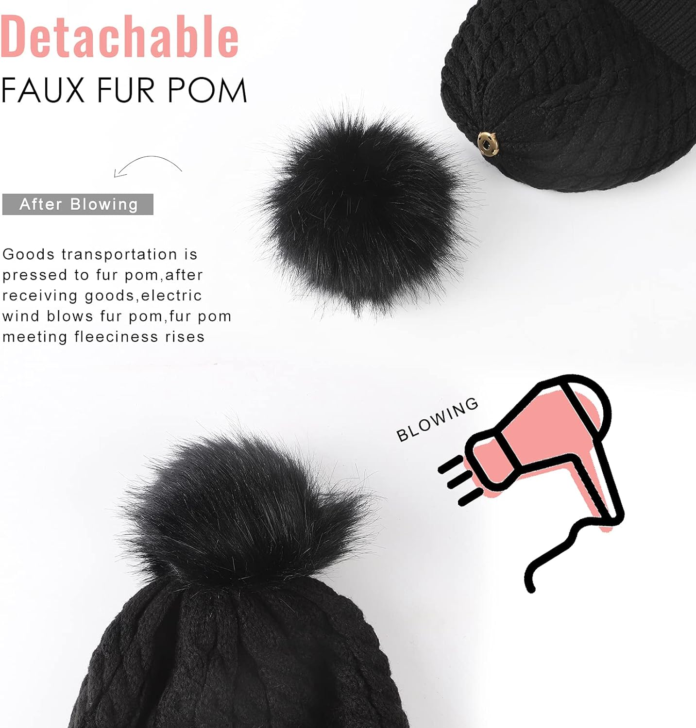 Womens Winter Satin Lined Beanie Hat Cuffed Cable Knit Detachable Faux Fur Pompom Silky Lined Warm Cap - Black image number 2