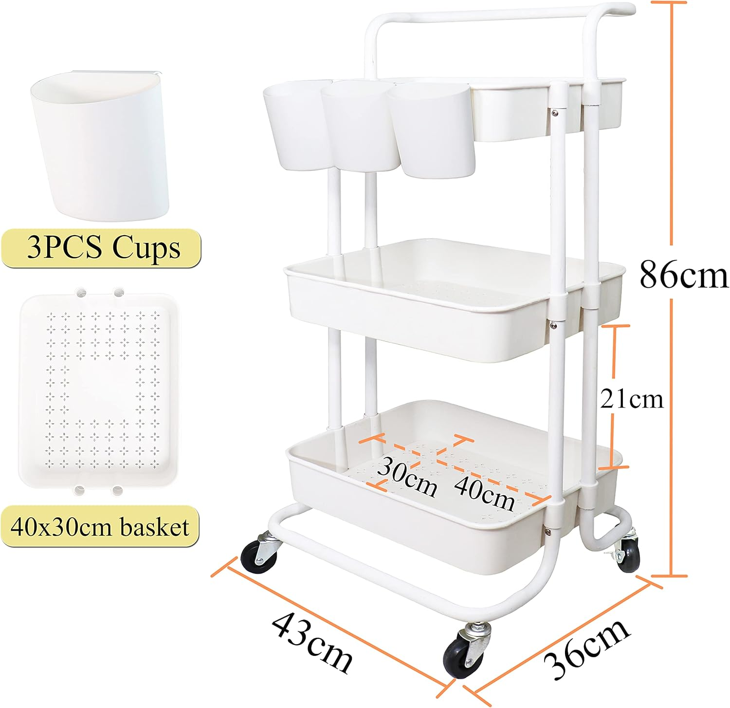 3 Tier Utility Rolling Cart Storage Organizer Shelf Multifunction Rack with 3PCS Hanging Cups for Home Office Kitchen Bathroom Store (3Pcs Cups White) - Black image number 3