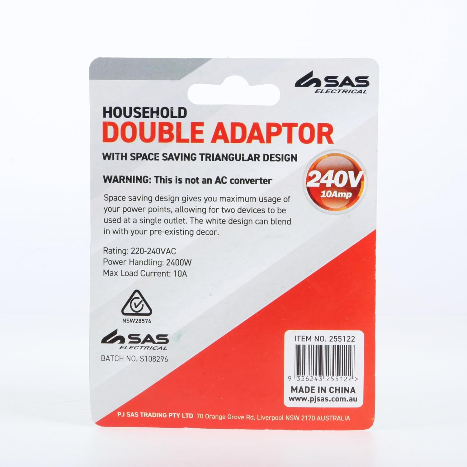 SAS Electrical 240V 10A 2400W Triangular Double Adaptor, White image number 4
