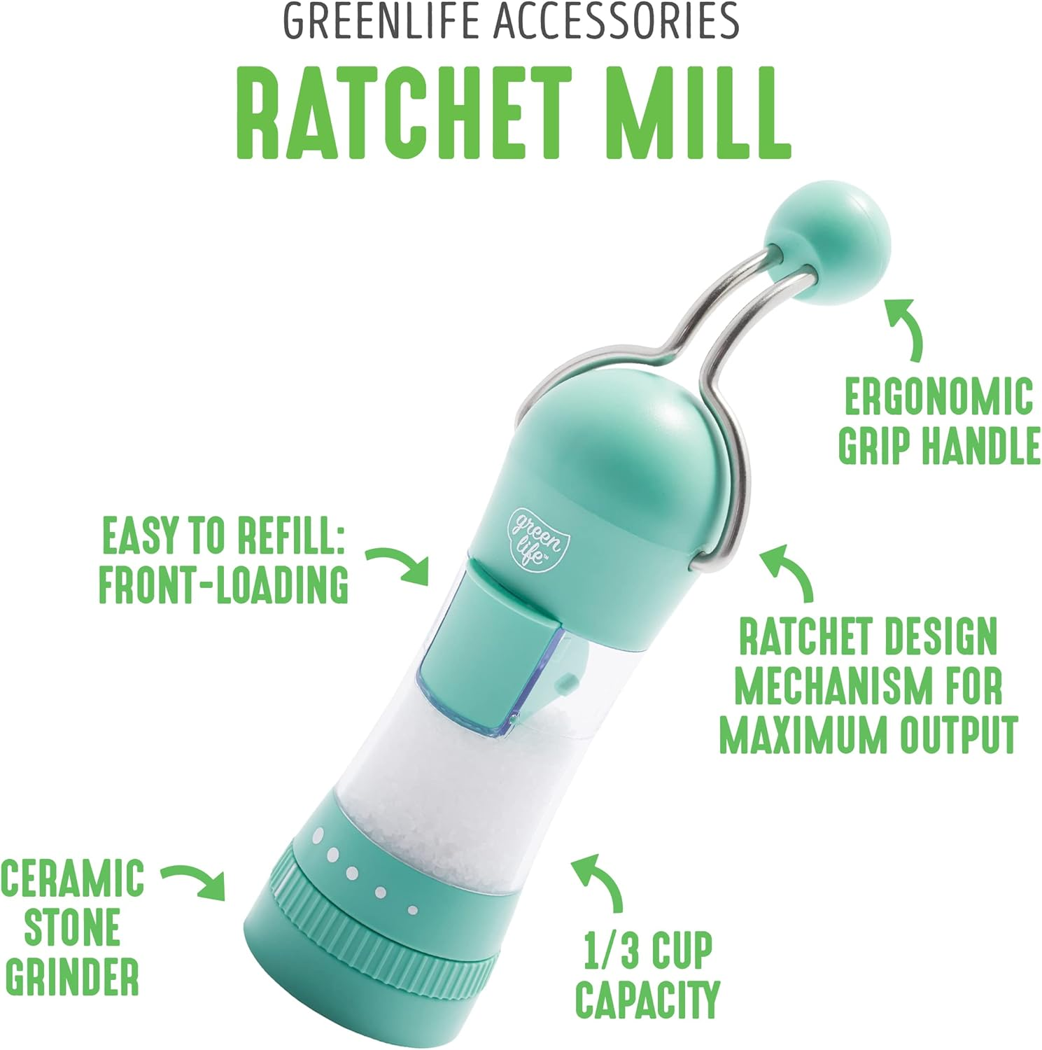 Greenlife Salt and Pepper Grinder, Mess-Free Ratchet Mill, Adjustable Coarseness and Easily Refillable, Turquoise image number 6