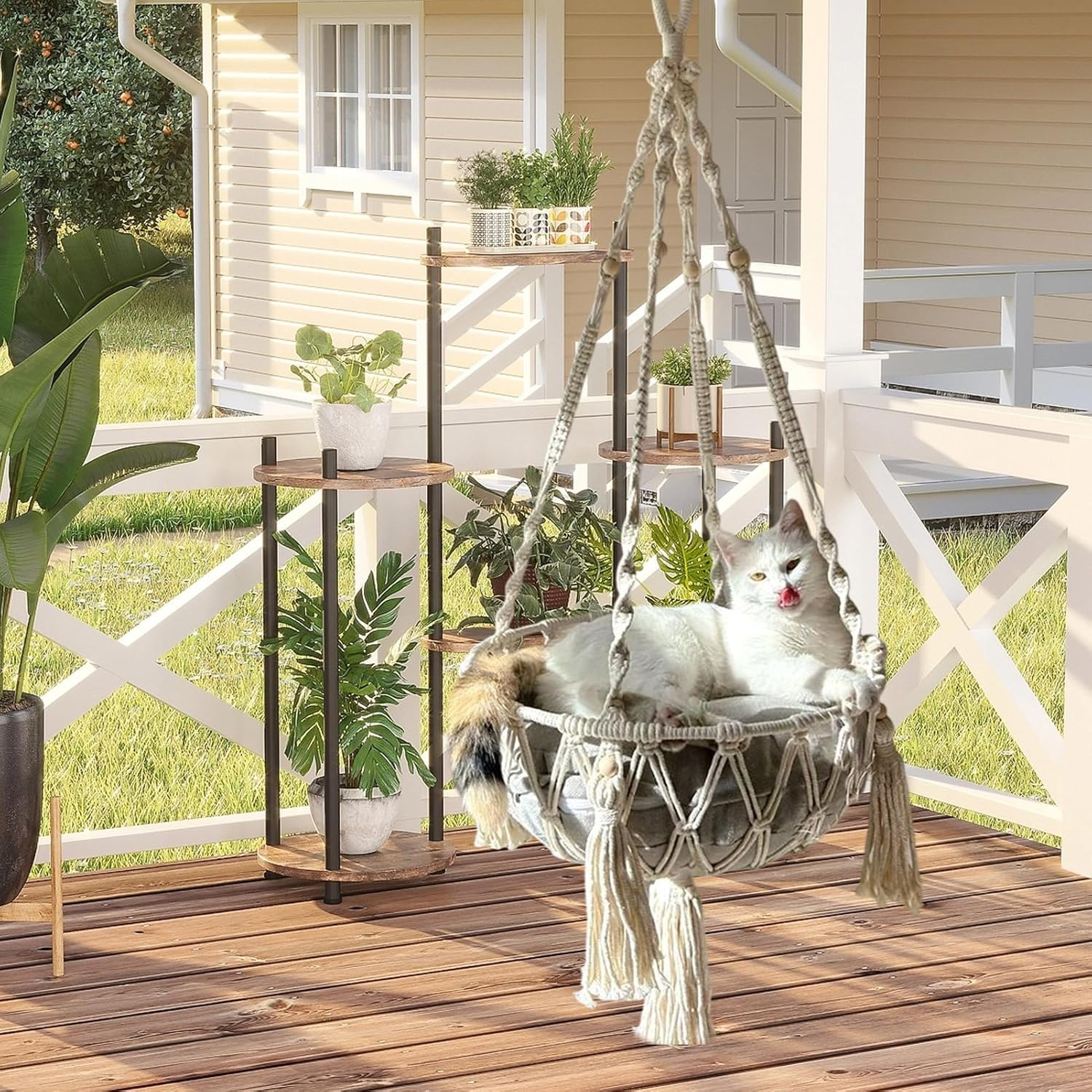 Macrame Cat Hammock - Macrame Cat Summer Bed - Cotton Rope Woven Net Decorative Basket for Cats and Puppies for Climbing Storage Bedside Desk Perch Windowside Outdoor image number 5