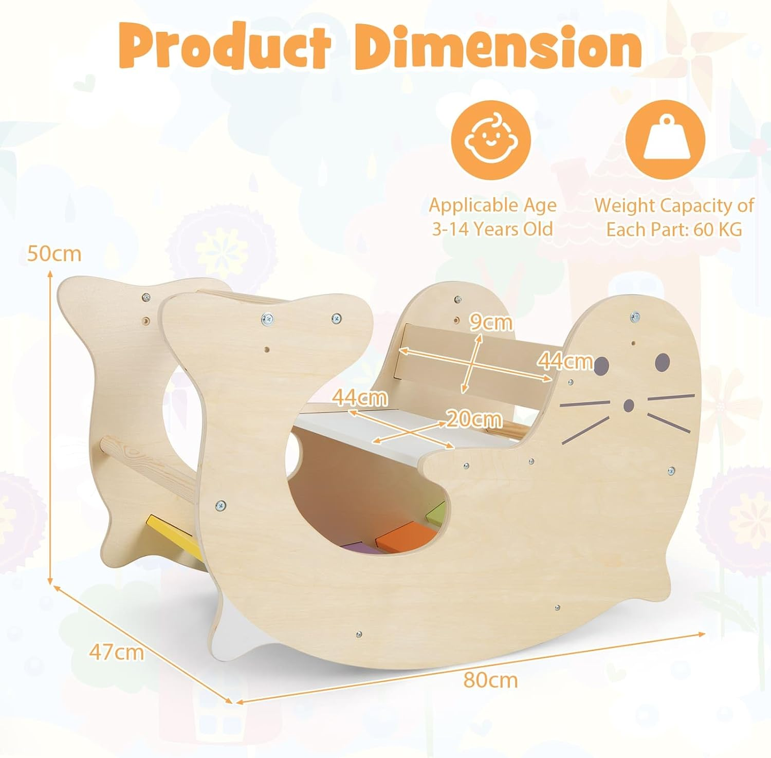 HONEY JOY 3-In-1 Climbing Toy Set for Kids, Indoor Arch Climber W/Cute Sea Lion Pattern & Rich Colors, Natural Solid Wood Bars, Smooth Seat & Back, Fun Play Table & Rocking Horse for 3-14 Years Old image number 2