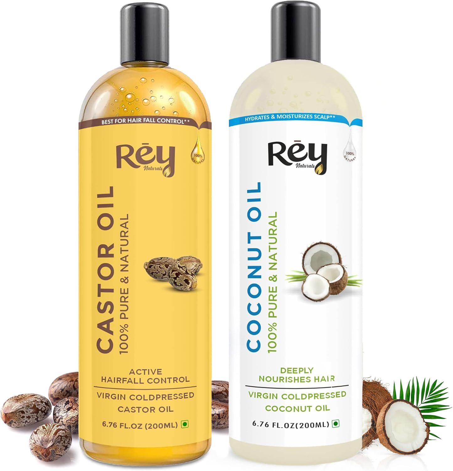 Rey Naturals&reg; Cold-Pressed, 100% Pure Castor Oil & Coconut Oil Combo - Moisturizing & Healing, for Skin, Hair Care, Eyelashes (200 Ml + 200 Ml) image number 5