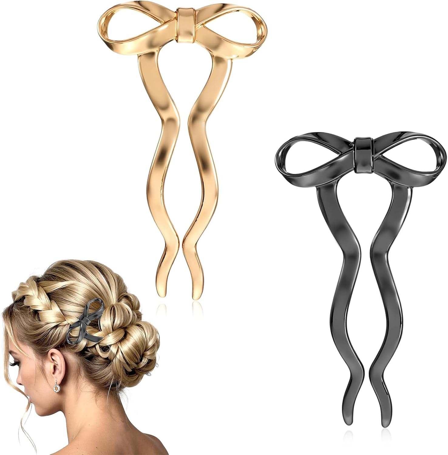 ASOMI 2 Pieces French Bow Hair Forks Vintage Style for Women Large U Shaped Metal Updo Hairpins for Long Thick Hair (Gold, Black) image number 4
