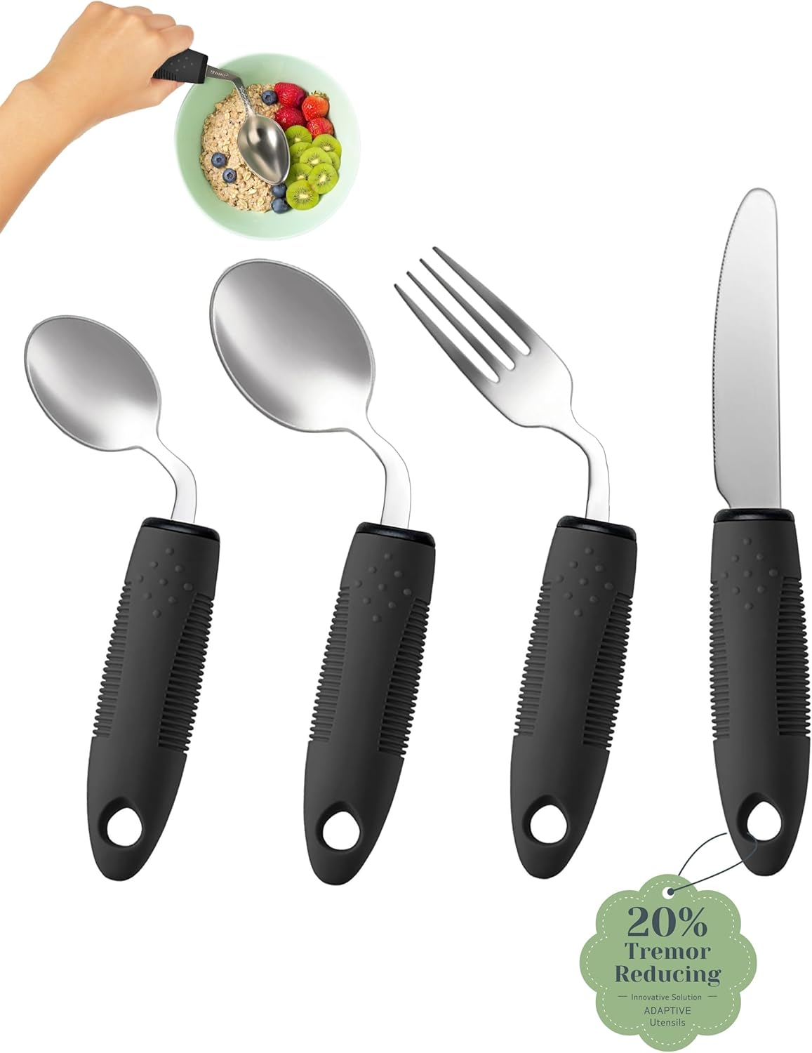 Adaptive Utensils Set (4-Piece) &ndash; 42&deg; Angled, 3 Oz Weighted Silverware for Parkinson'S, Hand Tremors and Arthritis &ndash; Easy-Grip Ergonomic Eating Aids (Left-Handed)