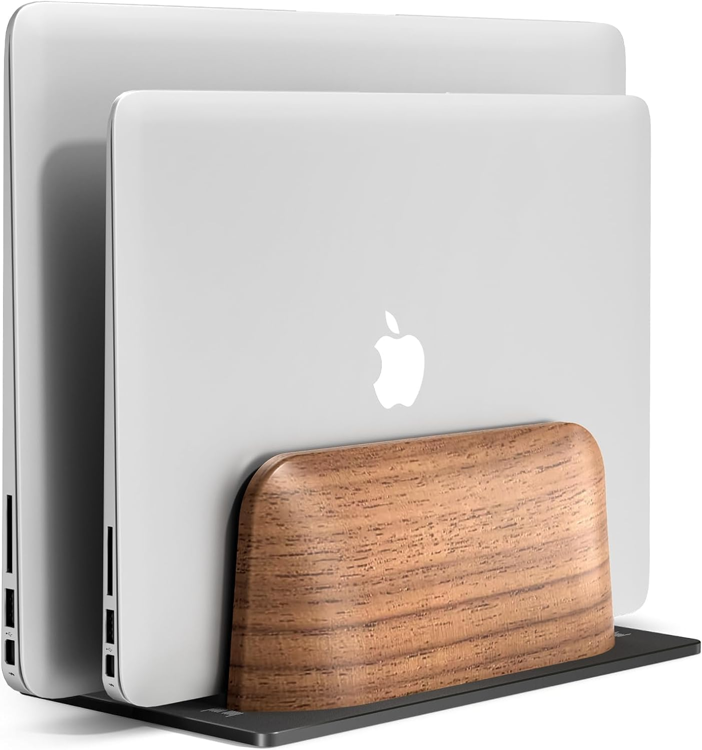SHUOSUO Vertical Laptop Stand, Dual Slot Walnut Wood Laptop Holder for Desk, Natural Wooden & Aluminium Width Adjustable Dock for Macbook and Other Laptops image number 1