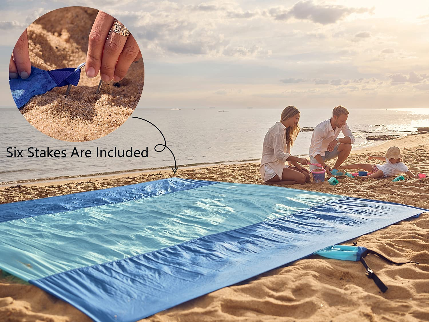 Wekapo Beach Blanket Sandproof, Beach Mat, Big & Compact Sand Free Mat Quick Drying, Lightweight & Durable with 6 Stakes & 4 Corner Pockets, Standard (1~3 Person) image number 5