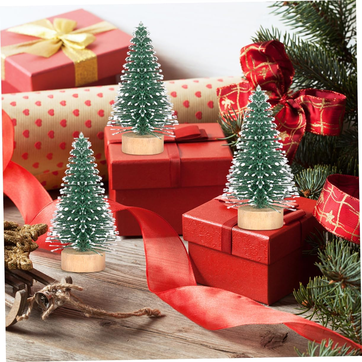 12Pcs Mini Christmas Tree Ornaments Cedar Tree Decor Wooden Base Desktop Display Adorn for Christmas Decorations Table image number 1