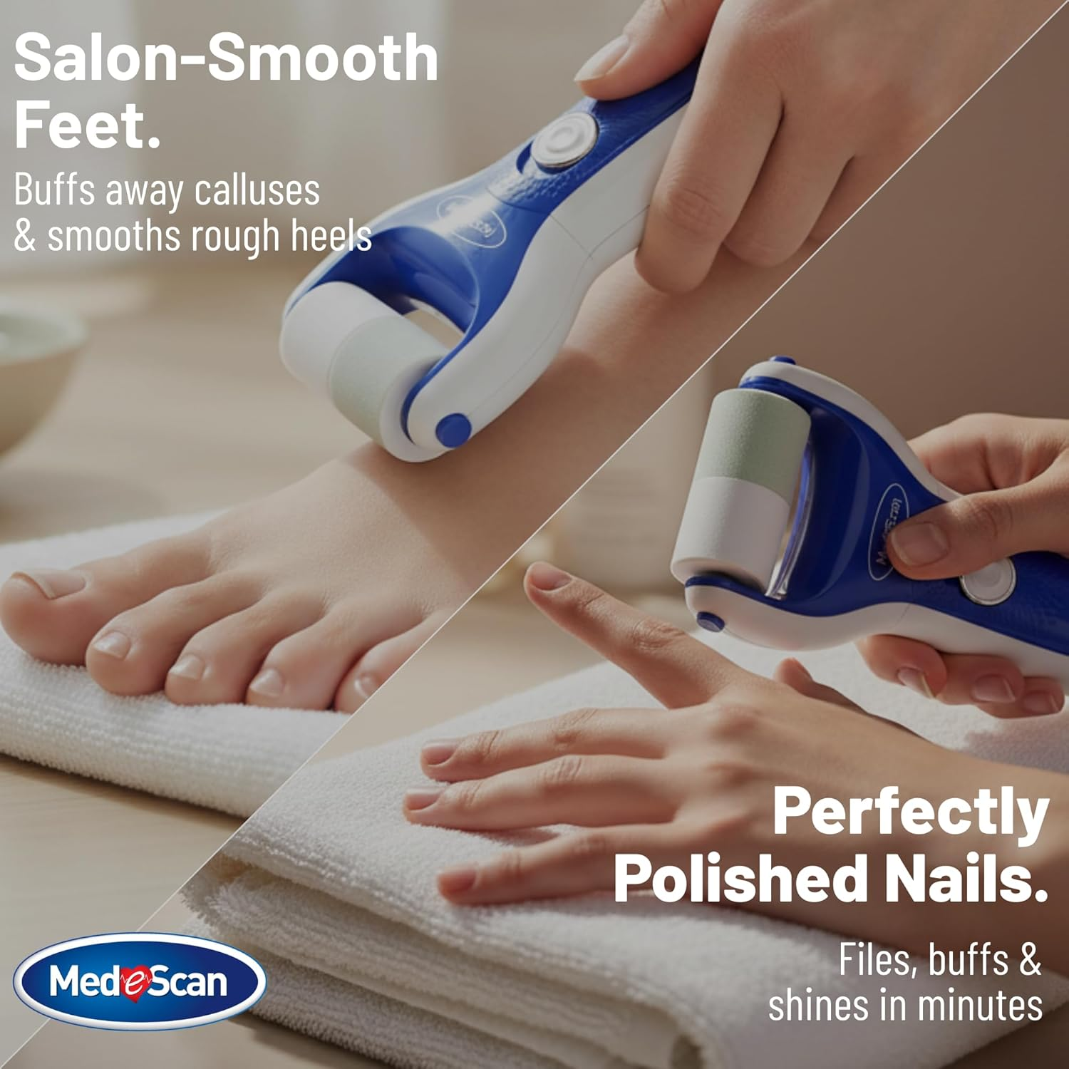 Medescan 2-In-1 Manipedi &ndash; Smooths Rough Heels and Buffs Nails &ndash; Two-Speed Motor with Safety Clutch &ndash; Water-Resistant, Interchangeable Heads, Includes Replacement Set image number 1