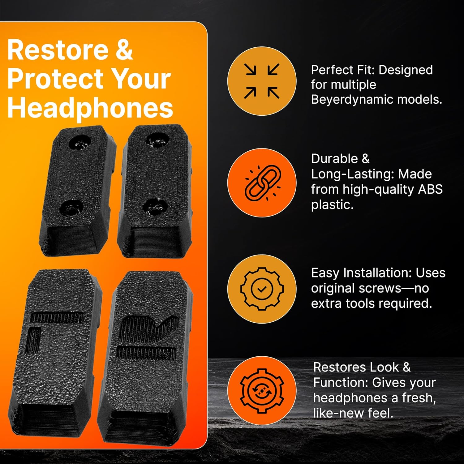 Splashncolor Slider Cover Replacement for Beyerdynamic DT 770 / DT 880 / DT 990 Pro & HS 400 Headphones - Durable Black Slider Covers to Restore Look & Function for Long-Lasting Use - ABS - Black image number 2