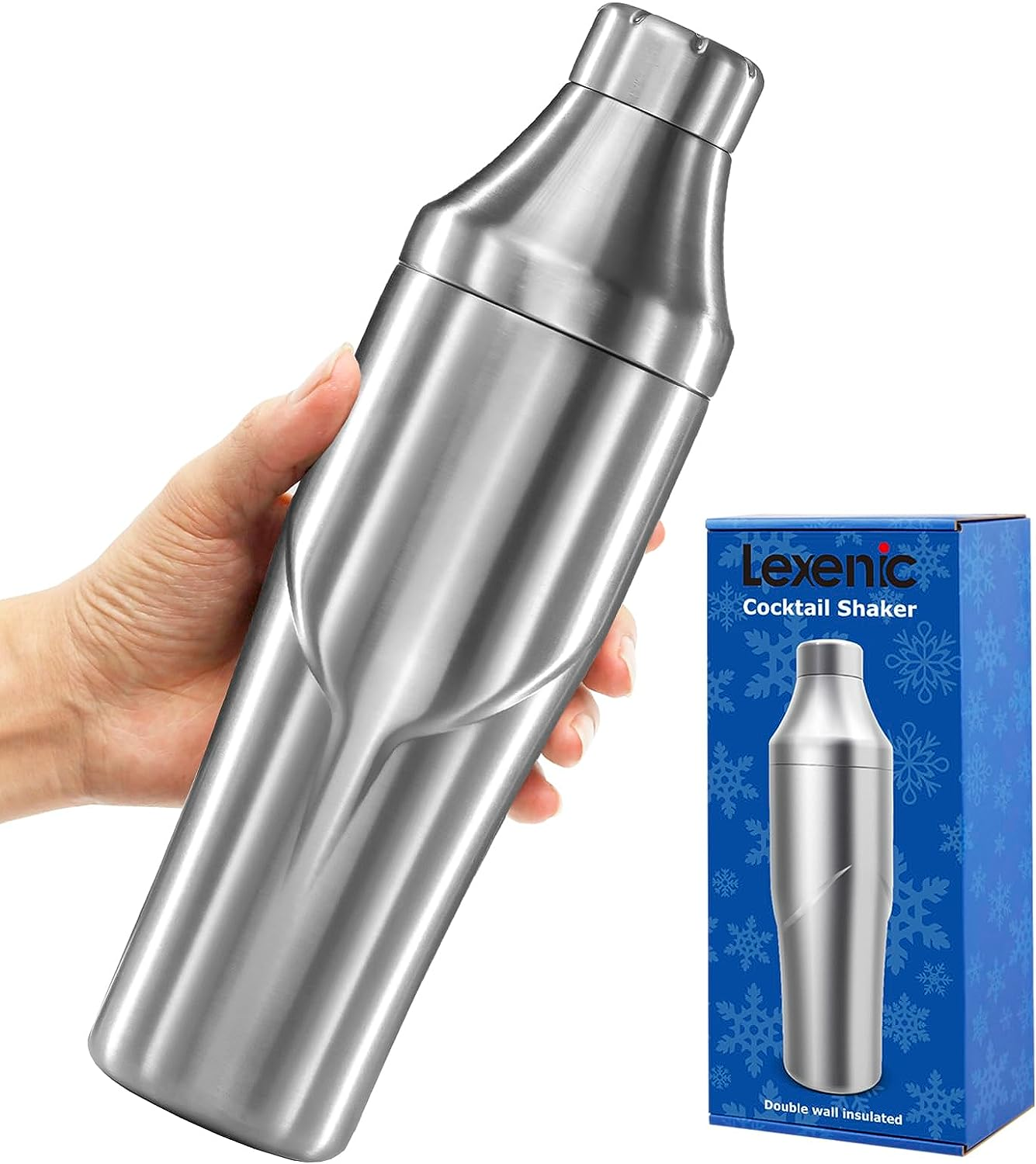 Lexenic 24Oz Vacuum Insulated Hybrid Cocktail Shaker - Premium 18/8 Stainless Steel - Martini Shaker Set - Drink Shaker with Strainer- Cocktail Shaker Set for Home Bar,Travel,Gift