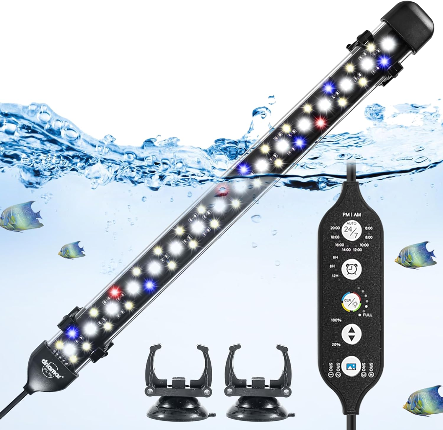 Driamor Submersible Aquarium Light, 38 CM Fish Tank Light with 60Pcs LED Beads IP68 Waterproof Brightness Adjustable RGB LED Lamp with Timer Mode, 24/7 Auto Cycle Mode, 4 Scenes Mode and 7 Colors Mode