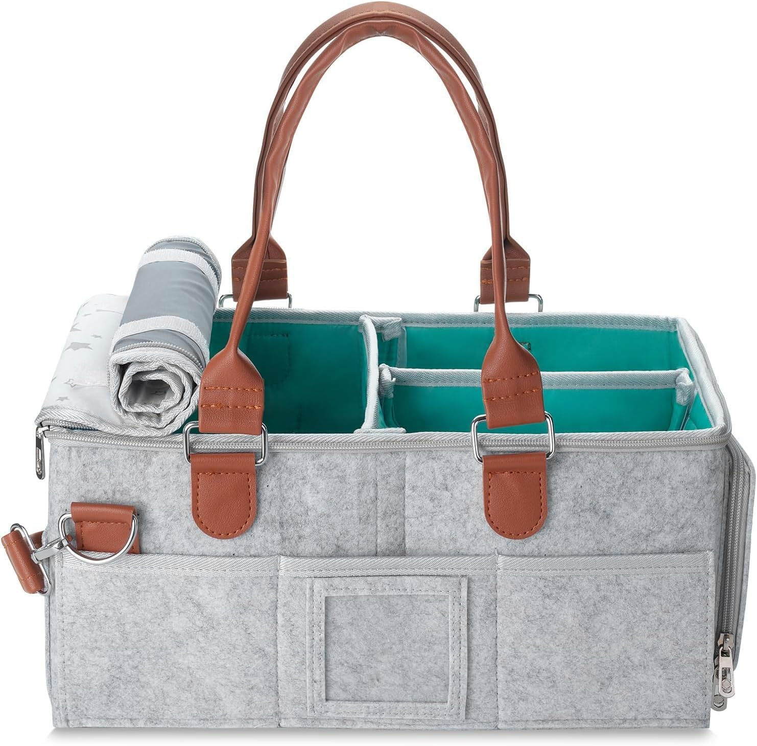 Misenfar Large Baby Diaper Caddy Storage Bag with Roll Lid and 2 Removable Dividers, Portable Nappy Caddy Storage Basket for Nursery, Changing Table, in the Car image number 4