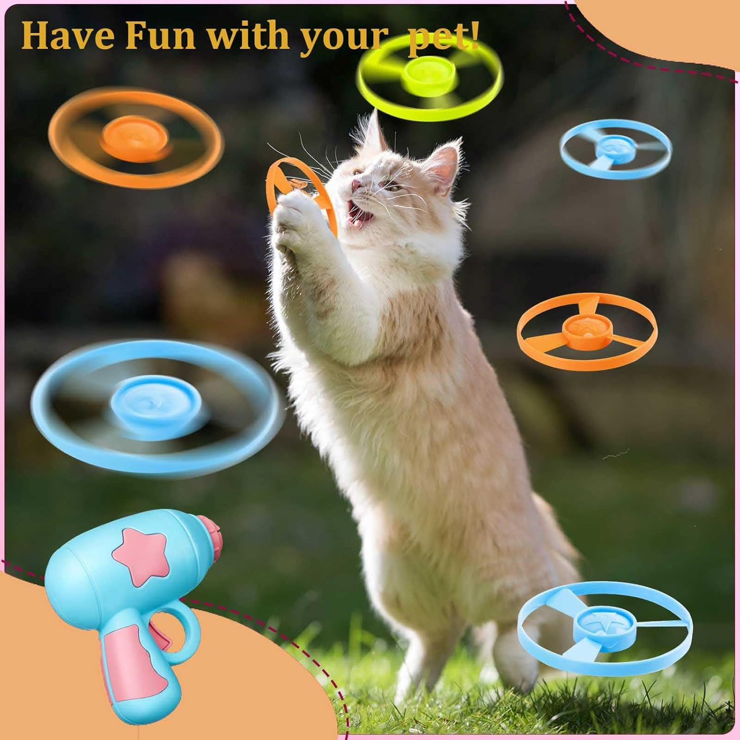 Bull Tiger Prestige Cat Fetch Toy, Cat Toy Sets 1 Blue Launcher and 10 Colourful Flying Chasing Saucer Propellers for Interactive, Training, Hunting, Hitting image number 3