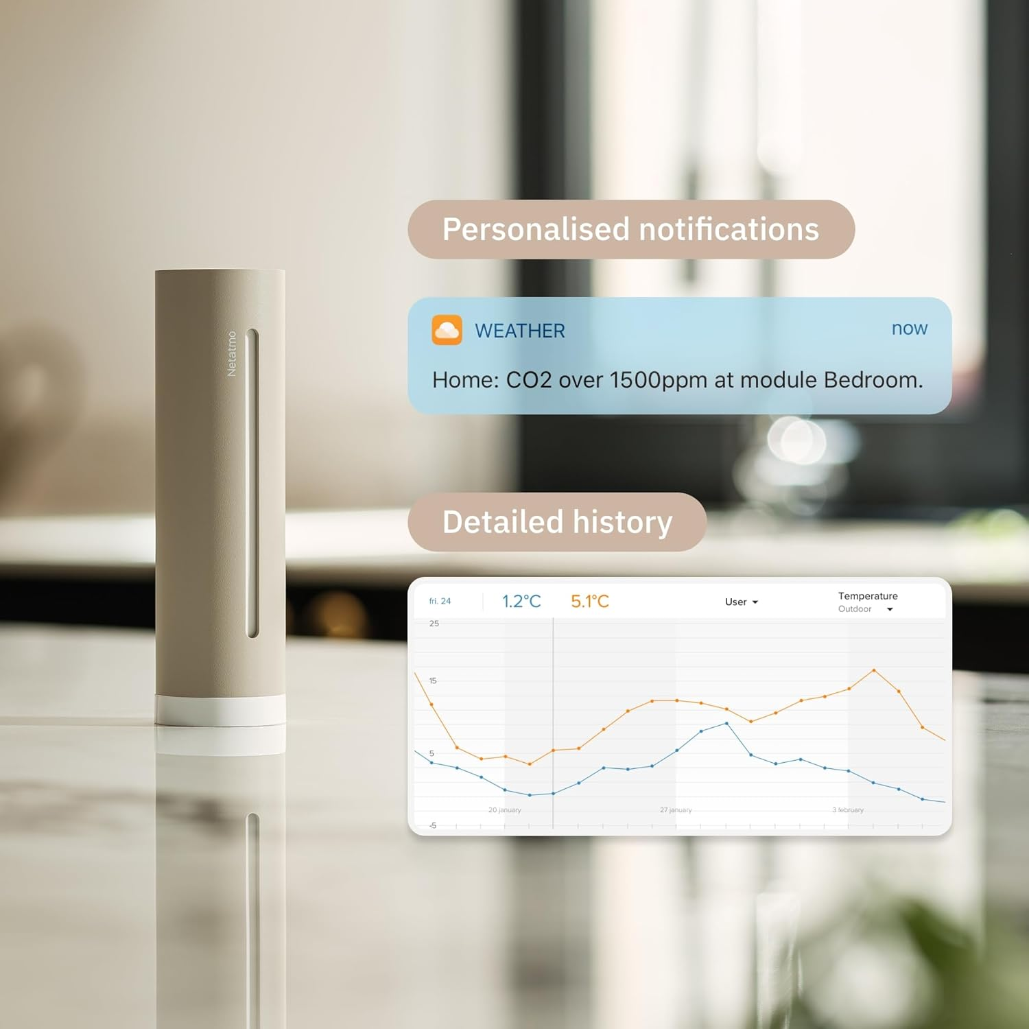 Netatmo Weather Station Original| 2Nd Generation | Indoor & Outdoor | Temperature, Humidity, Air Quality, UV - Sunshine, Pollen, Weather Forecasts, Compatible Apple, Alexa, Google - Sand - NWS-S-WW image number 6