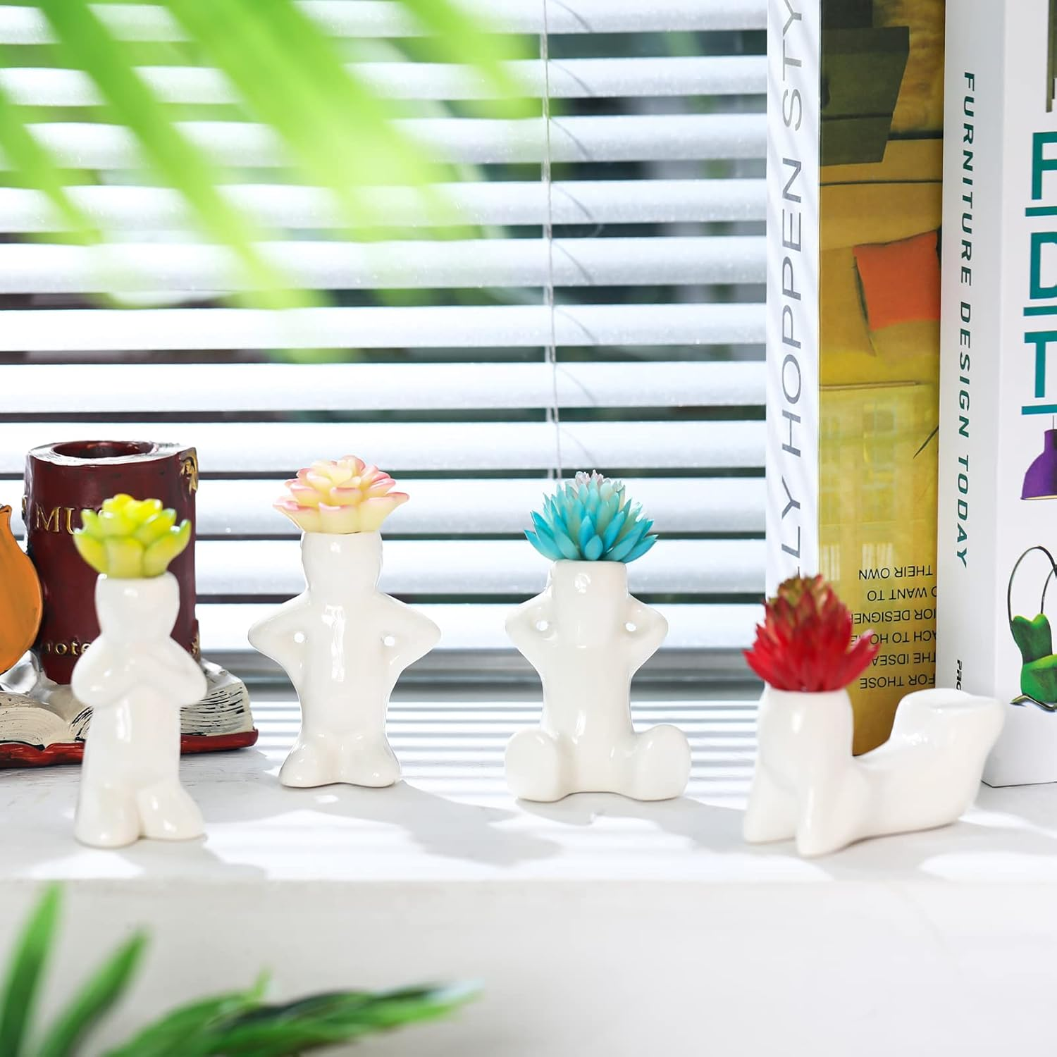 Potchen 4 Pieces Ceramic Air Planters Holder People Head White Cute Table Top Display Planters for Air Plants Lovers DIY Decoration Home Office Holiday (Twin Style) image number 4