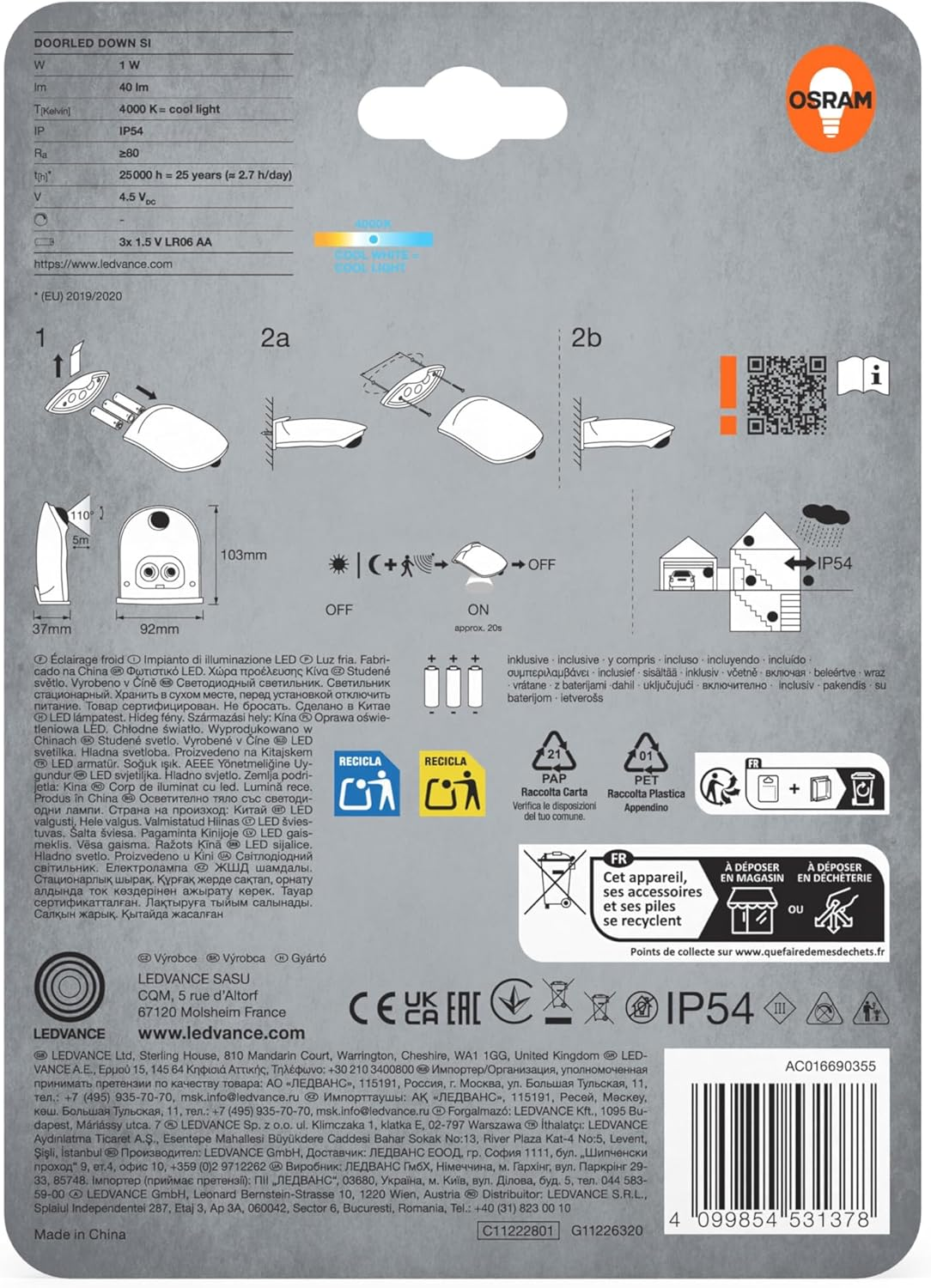 OSRAM Door LED Light with Motion Sensor, Battery Operated, 4000K, 40Lm, 0.95W, IP54, Silver, for Entrance Areas and Outdoor Applications