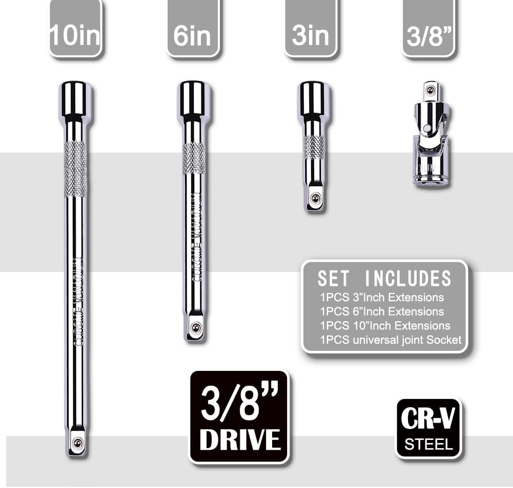 4 Piece 3/8 Inch Drive Extension Bar Set, 3/8 Inch Drive Socket Extension Set Includes 3, 6, and 10 Inch Extensions and 3/8 Inch Drive Universal Joint Socket image number 4