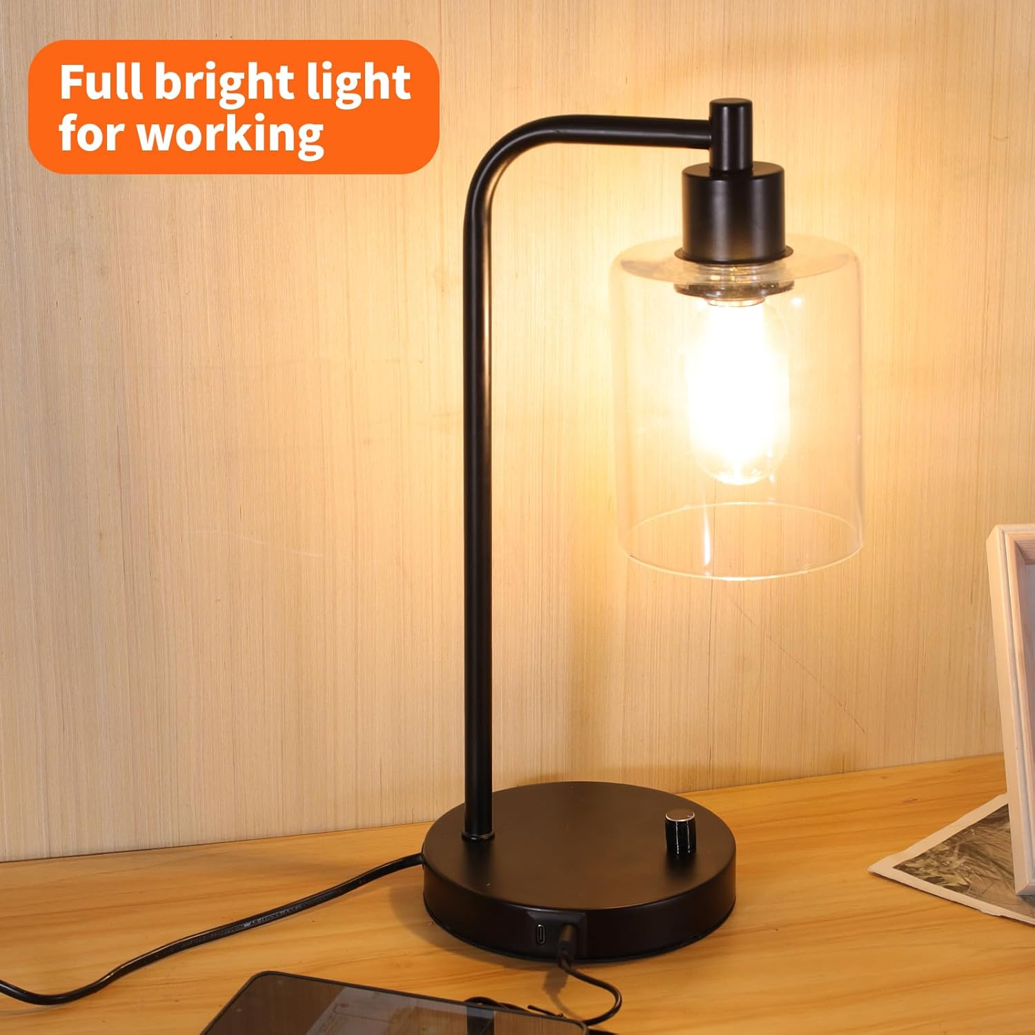 Set of 2 Industrial Stepless Dimmable Table Lamps with USB-A & USB-C Ports &ndash; Metal Base with Glass Shade Bedside Nightstand Lamps for Bedroom & Office image number 6
