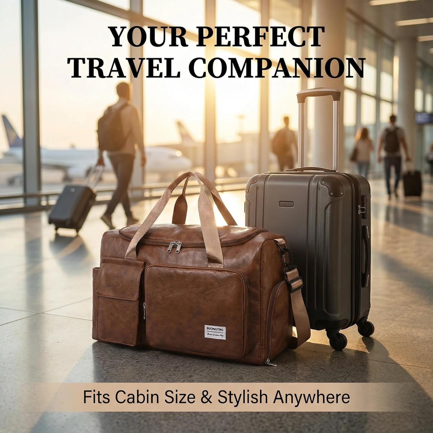 Small Leather Travel Bag with Shoe Pouch, Carry on Weekender Overnight Bag Waterproof Travel Duffel Bags Gym Bags for Men or Women, Brown image number 3