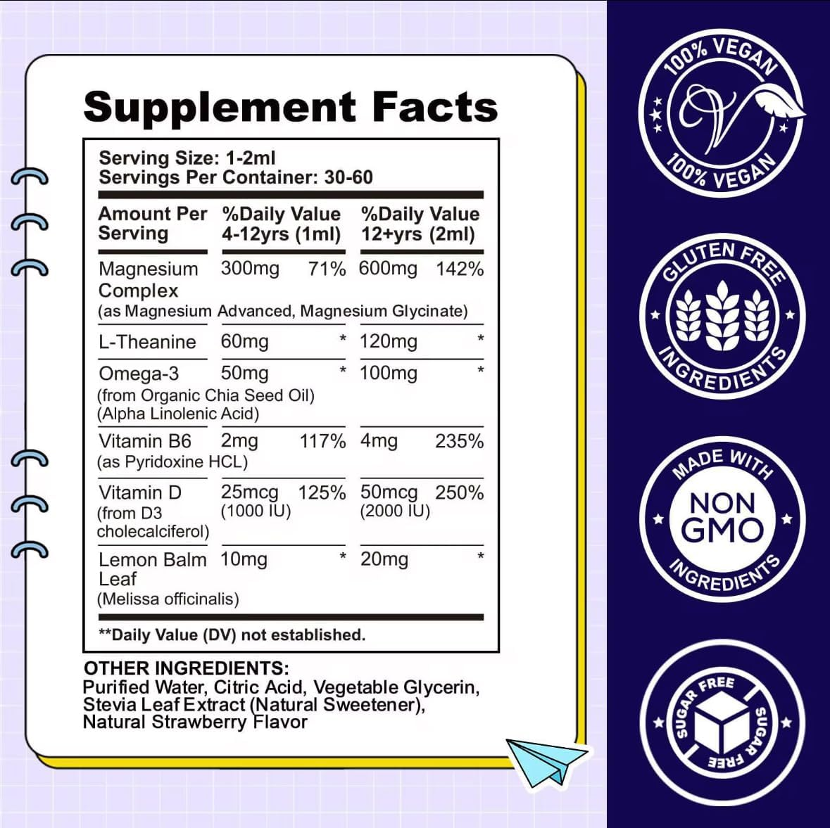Kids Magnesium Glycinate Liquid Drops with L-Theanine, Omega-3, Vitamin B6 & Vitamin D3, Strawberry Flavour Calm & Wellness Support, Easy Dropper Liquid Supplement for Children, 60 Ml (2 Fl Oz) image number 5