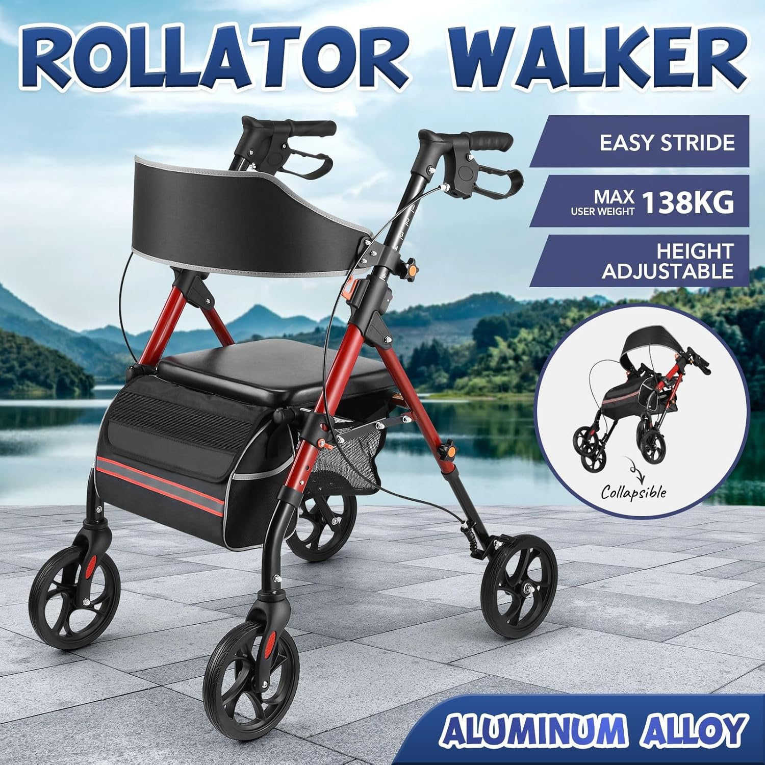 GENKI Aluminum Rollator Walker with Seat 4 Wheel Seniors Elderly Lightweight Walking Mobility Trolley Folding Wheelchair Rolling Frame Storage image number 1