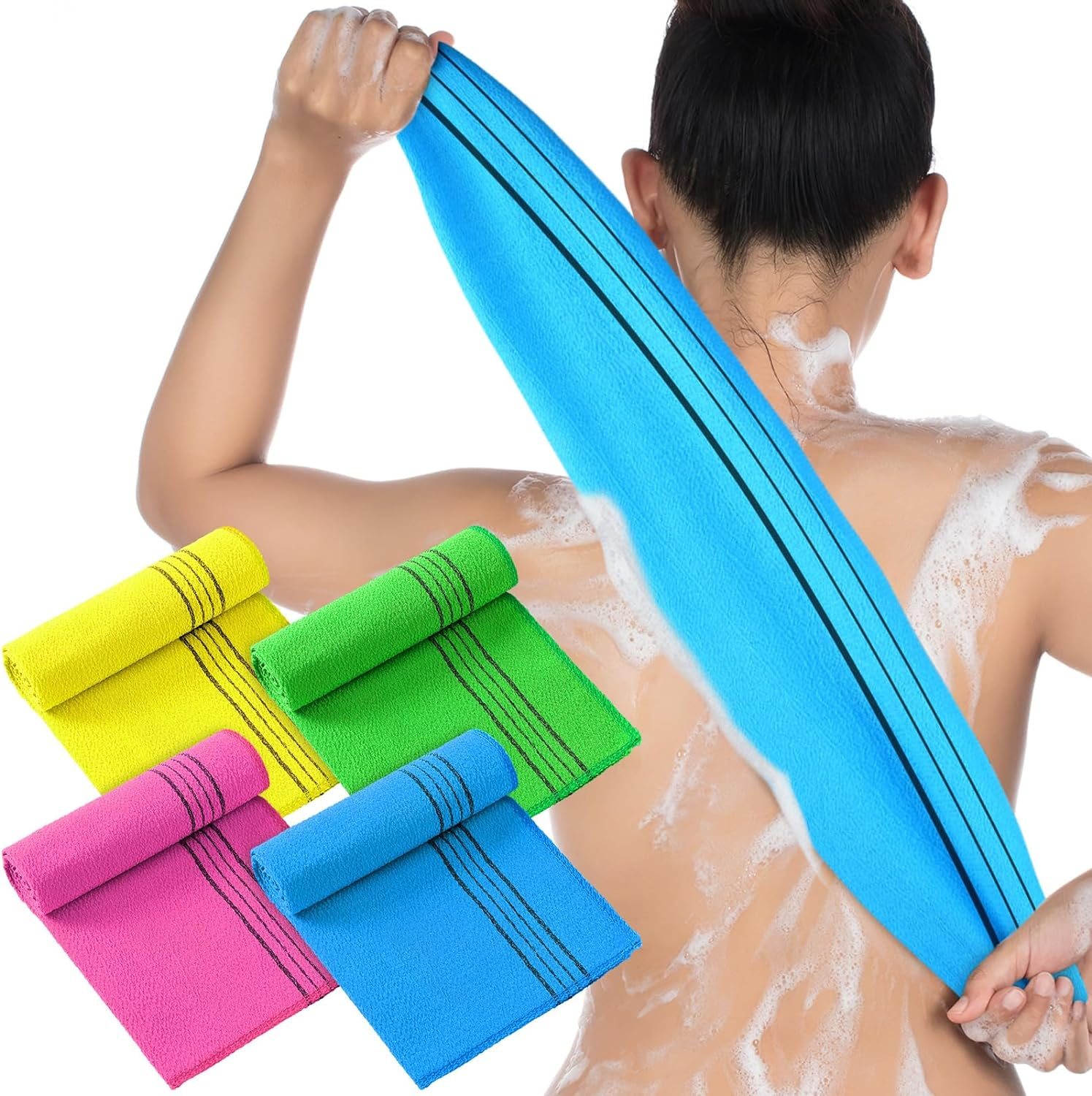 Tatuo 4 Pieces Korean Exfoliating Washcloth Body Back Scrubber Japanese Italy Exfoliating Cloth 35.5 Inch Long Bath Towel Washcloth Dead Skin Remover for Men Women(Multicolored) image number 5