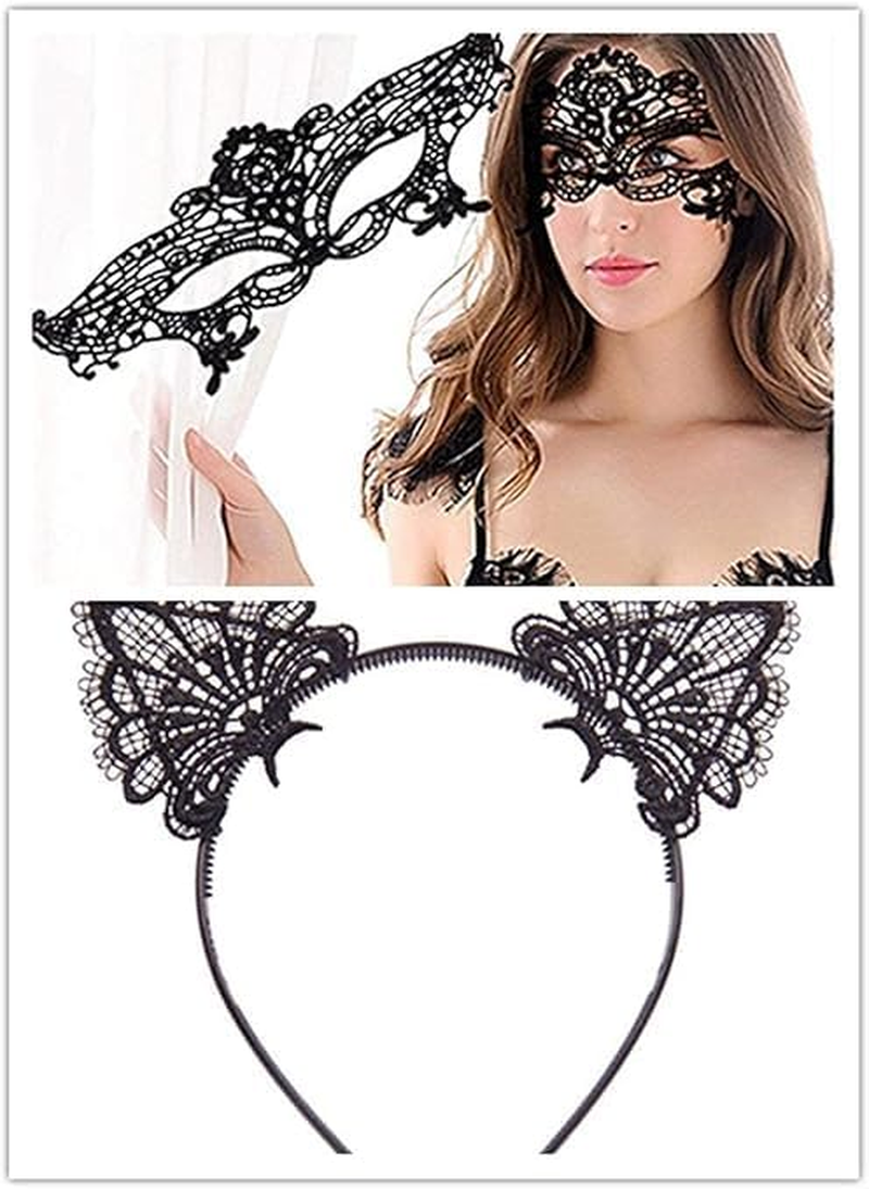 Fashion Cat Ears Headband Lace Eye Mask Costume Couples Cute Sexy Women Girl Lady Eyemask Masquerade Mask Hair Elastic Hoop for Carnival Party Prom Ball Halloween Christmas Cosplay