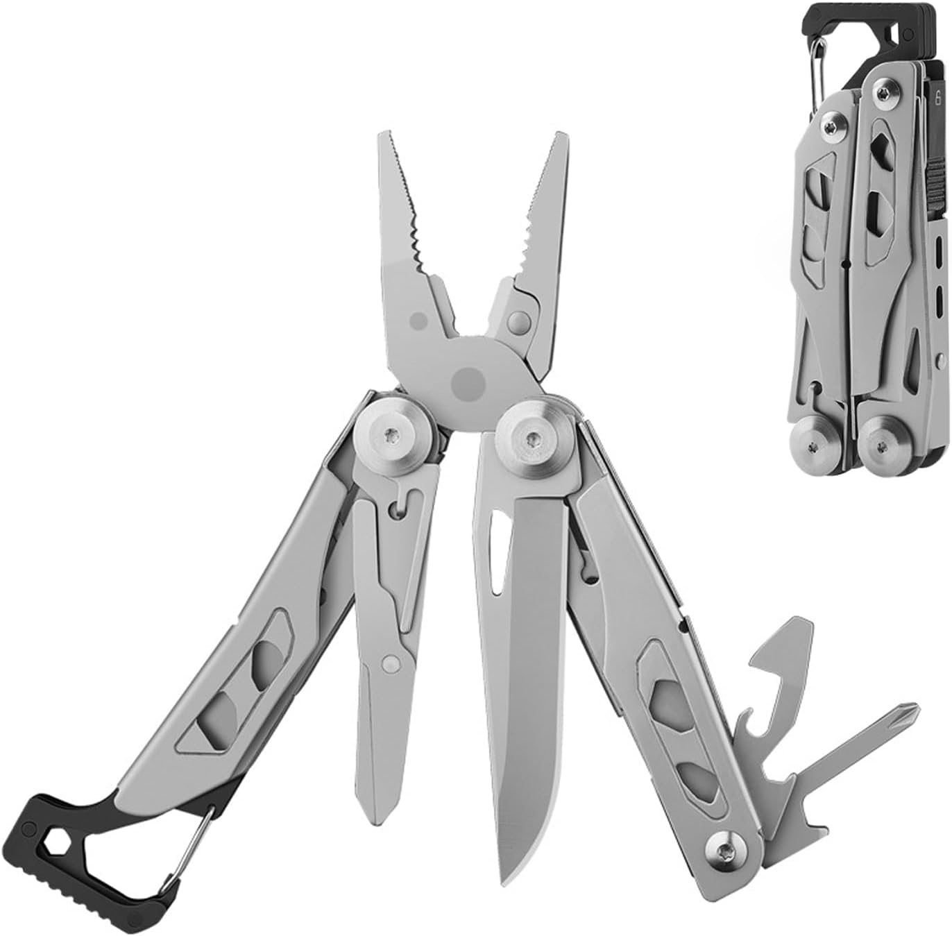 Multitool Pliers and Scissors, 13 in 1 Stainless Steel Portable Foldable Pocket Multi Tool, anti Slip Mini Camping Tool for Screwdriver, Bottle Opener (With Belt Clip)