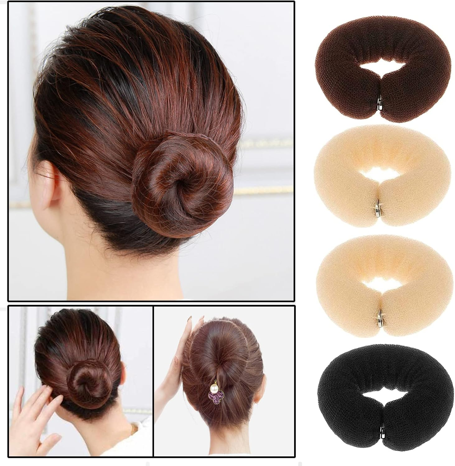 Srup Pack of 4 Bun Cushions, Large Doughnut Hair Bun Maker Set, Updo Accessories, Hair Doughnut Maker Set, Beige Hair Bun Donut, Doughnut Hair Updo Accessories (Black, Brown, Creamy White)