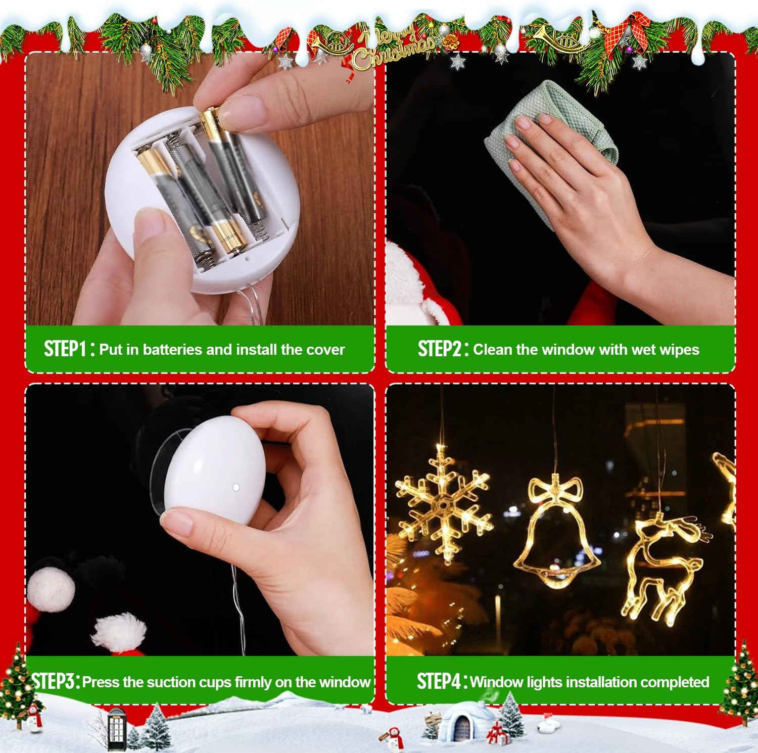 Christmas Decorations|5Pcs LED Christmas Window Lights Silhouette Decoration Lighted Bell-Tree-Reindeer-Snowflake-Star Battery Operated with Suction Cup image number 5